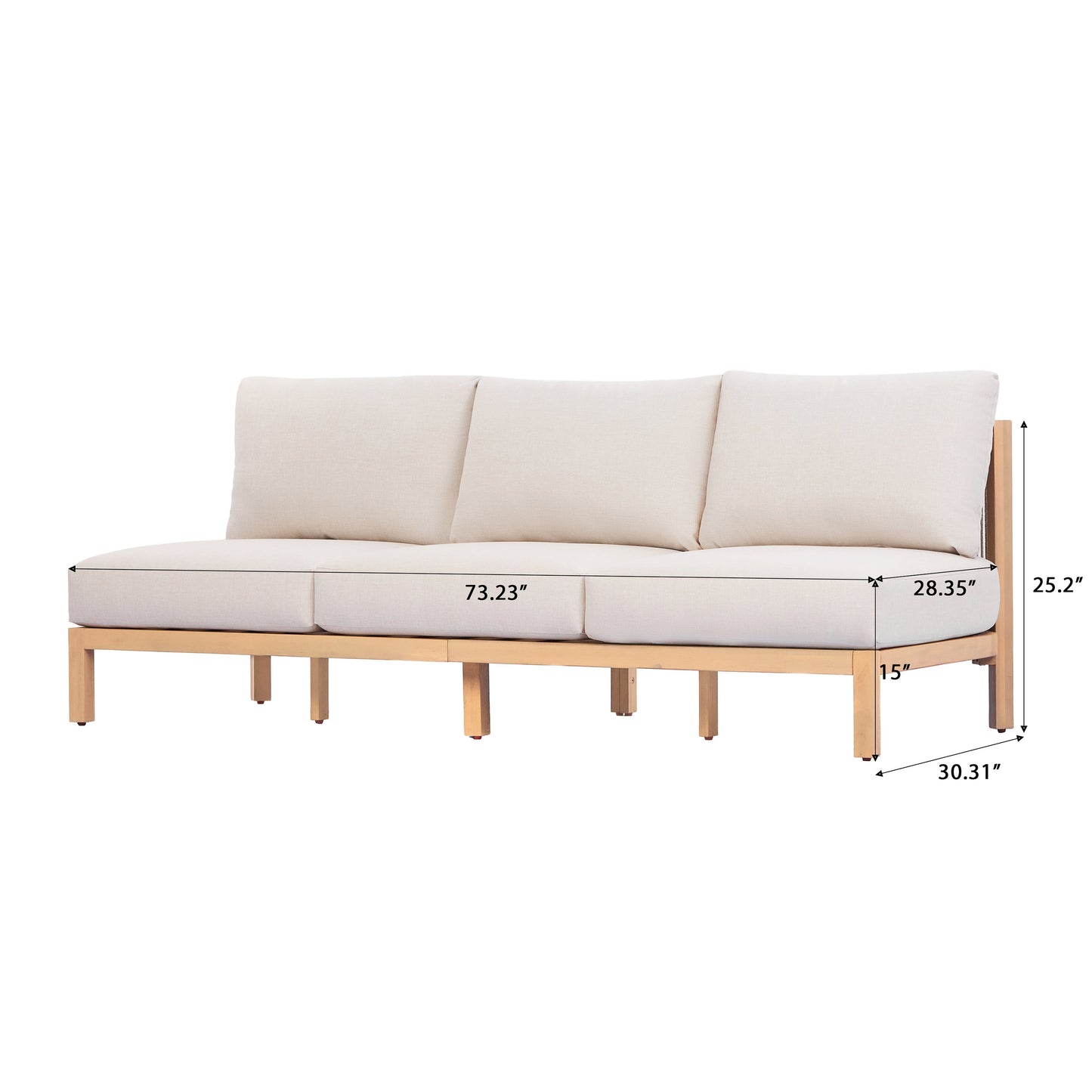 73.23" Outdoor Acacia Wood Frame Three-Seater Sofa