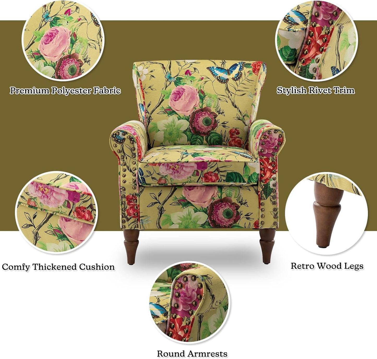 Mustard Floral Wingback Accent Chair With Solid Wood Legs