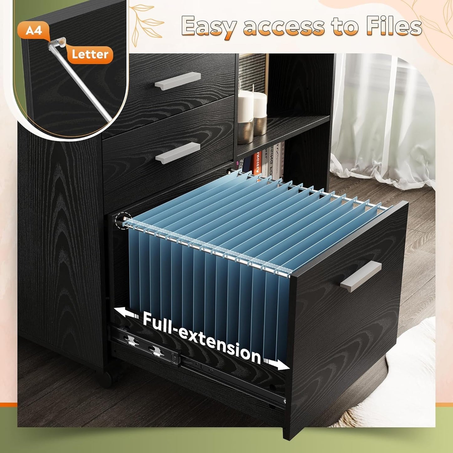 Three Drawer Wood File Cabinet With Lock Black Finish