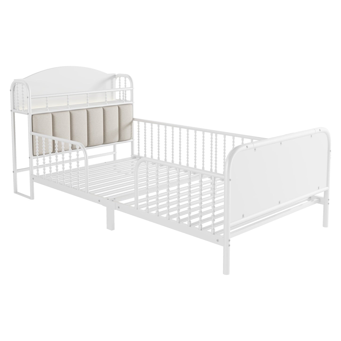 Twin Size Metal Platform Bed Frame with Light, Kids Twin Metal Bed with Upholstered and Storage Headboard, White (Expect Arrival Date 2025/10/5)
