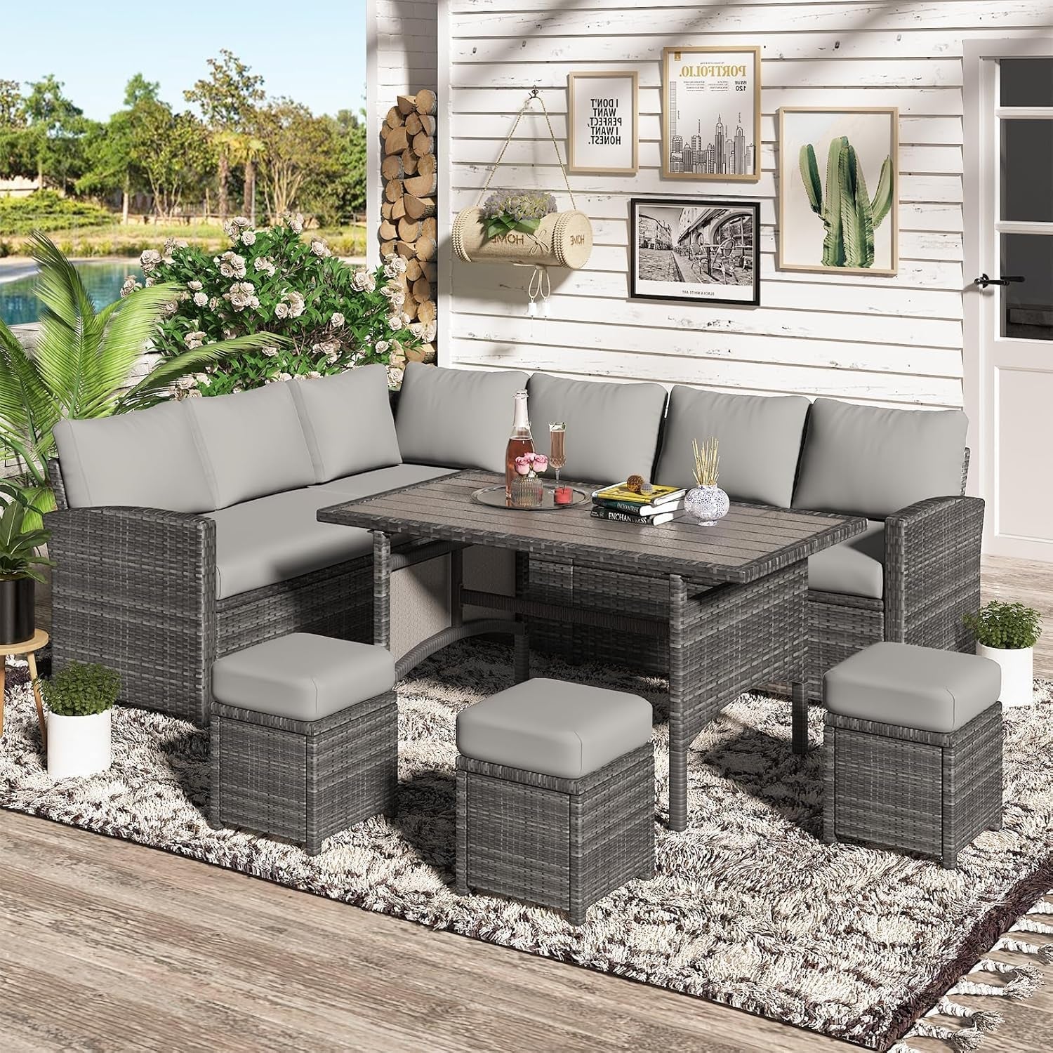 7 Piece Outdoor Patio Sectional Set All Weather Wicker Grey Cushions with stylish grey cushions and modular seating arrangement.