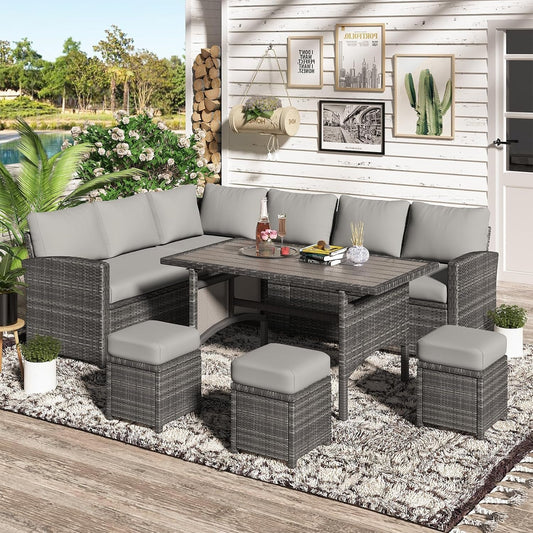 7 Piece Outdoor Patio Sectional Set All Weather Wicker Grey Cushions with stylish grey cushions and modular seating arrangement.