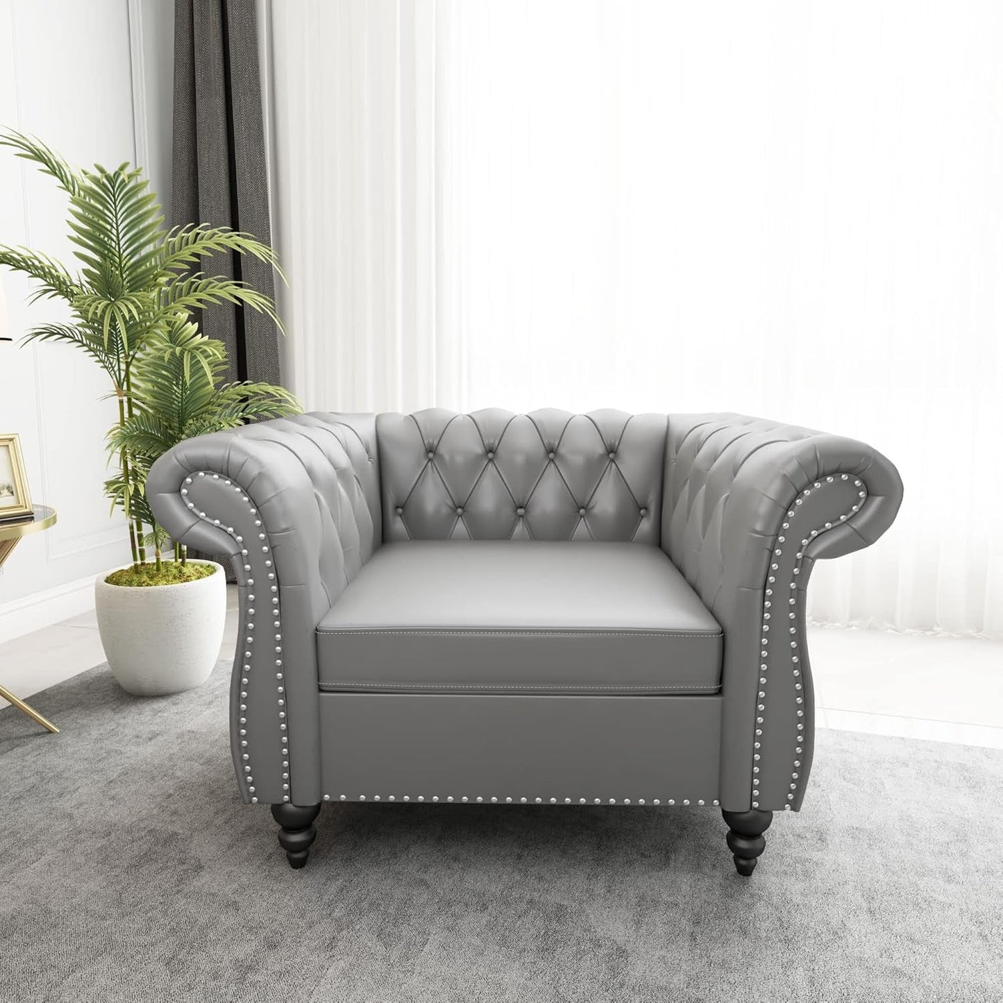 Grey Chesterfield Leather Living Room Set With Scroll Arms
