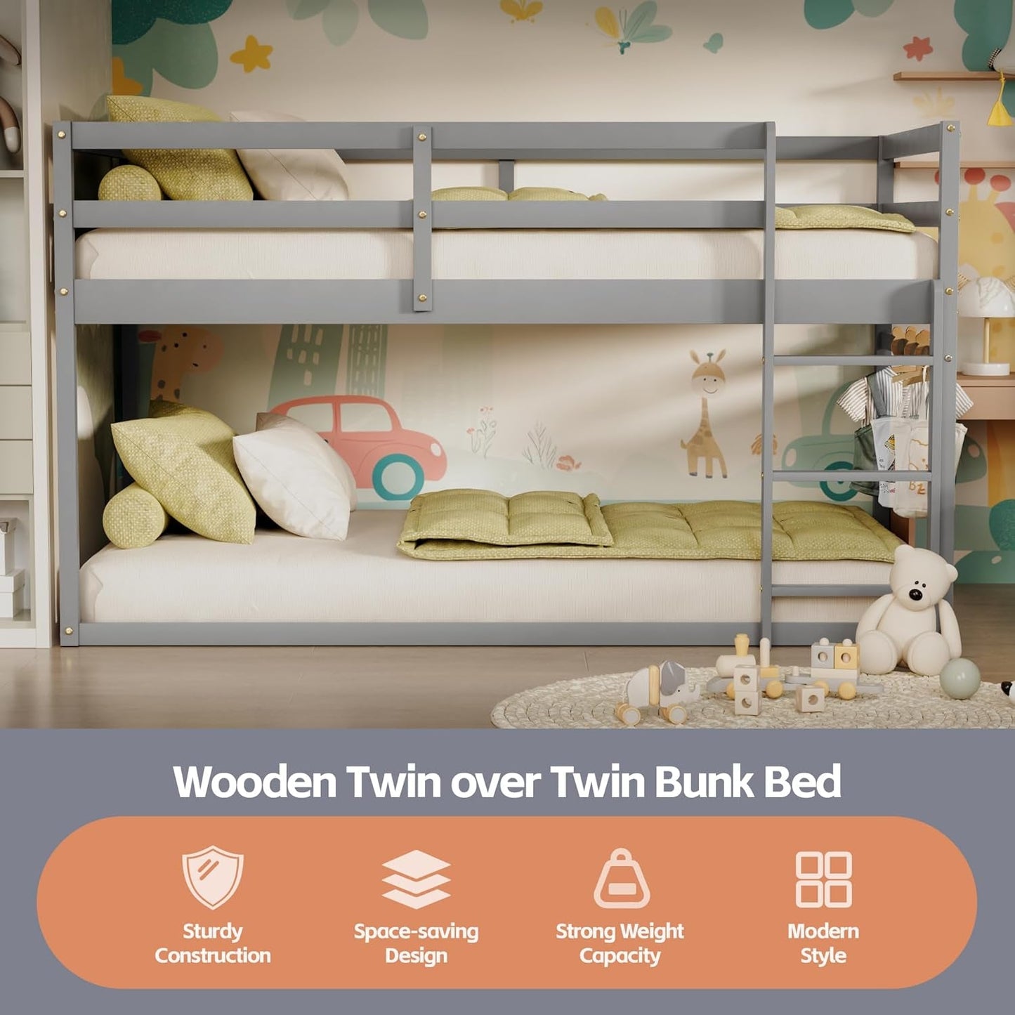 Grey Low Bunk Bed Twin Over Twin With Ladder For Kids Room
