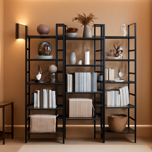 Triple Wide Industrial Bookshelf With Metal Frame 14 Open Shelves