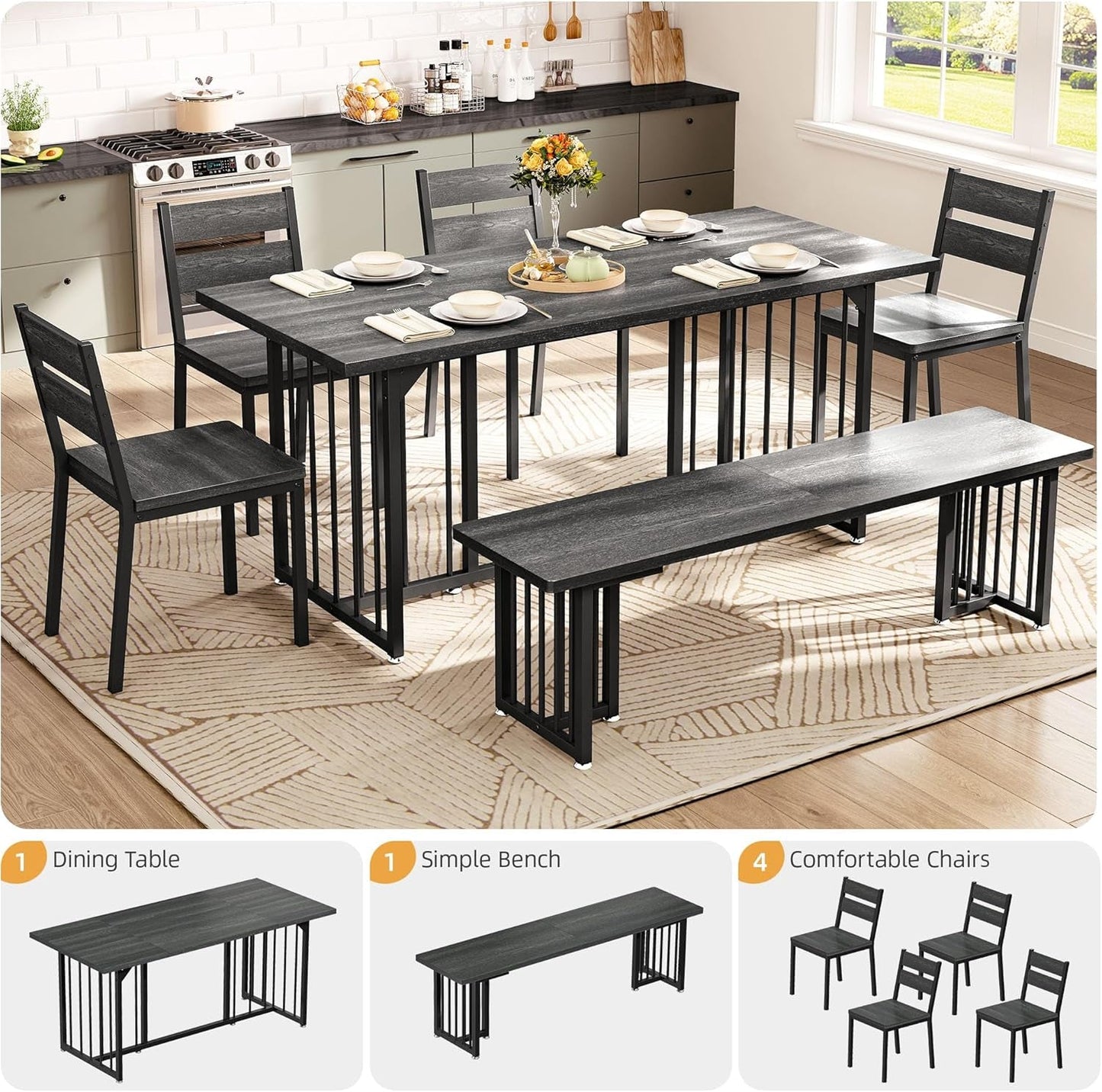 63 Inch Dark Grey Rectangular Dining Table Set Farmhouse