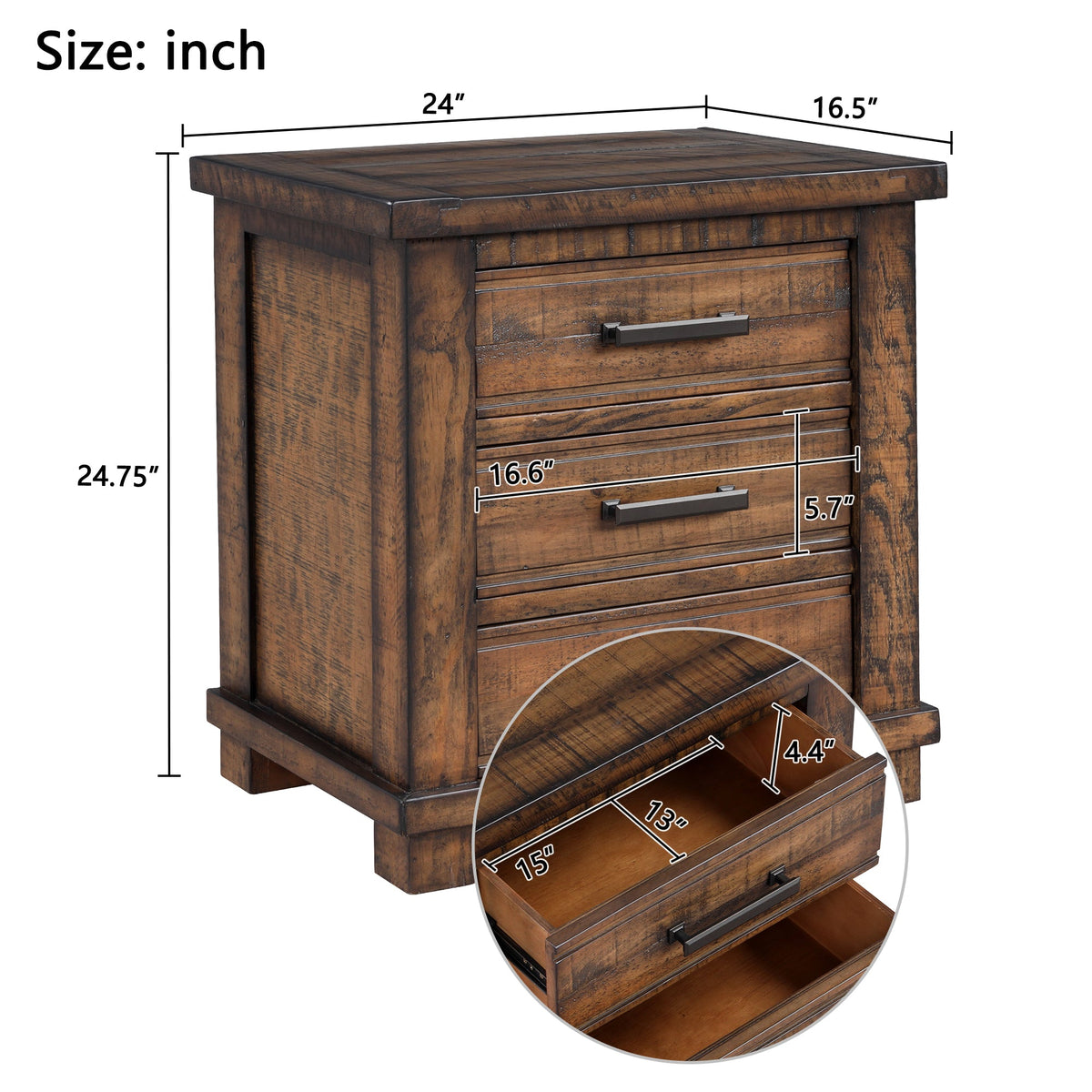 Rustic Three Drawer Reclaimed Solid Wood Nightstand