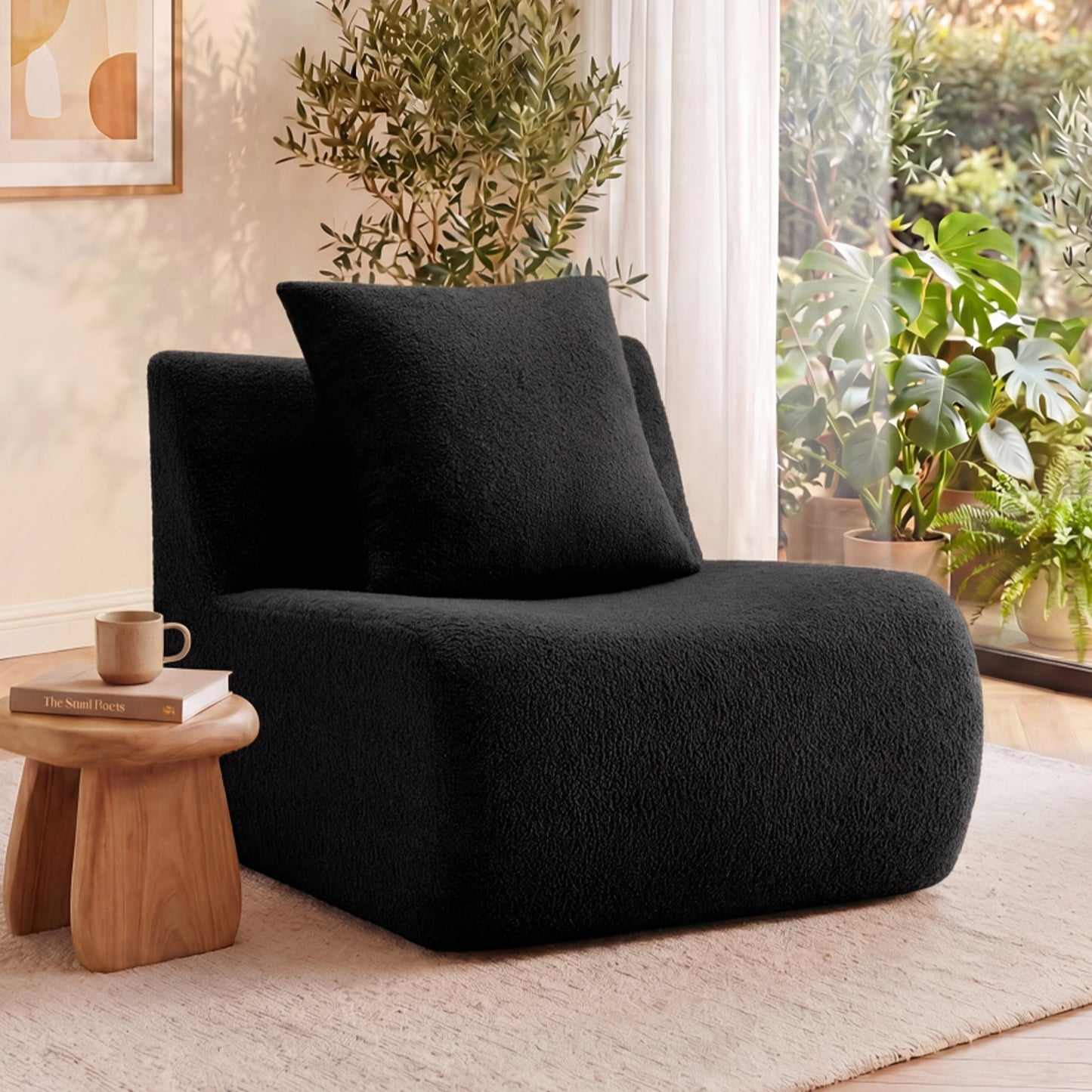 Armless Sofa With Pillow - Teddy Fabric in Black