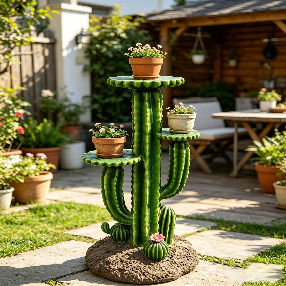 32" Resin Saguaro Cactus Plant Stand with 3 Display Shelves