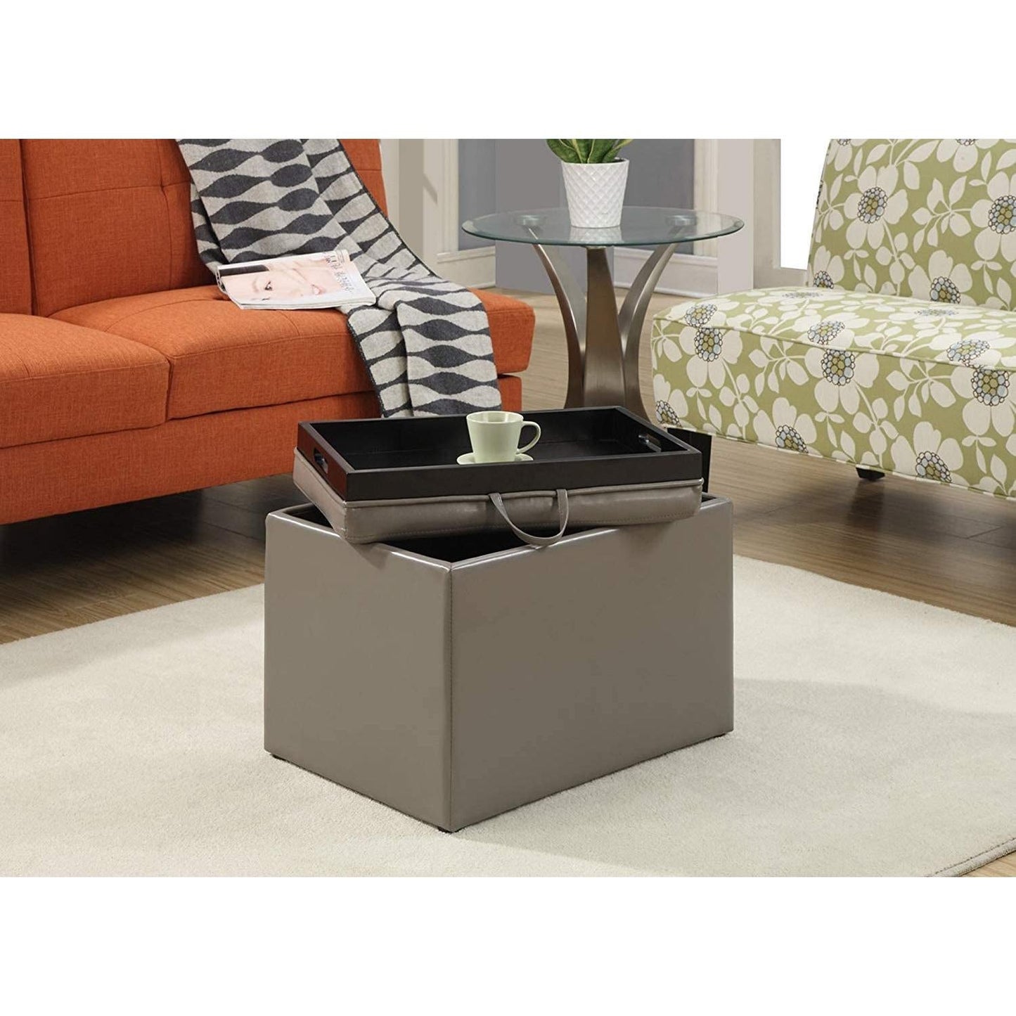 Gray Storage Ottoman With Reversible Tray Top Modern Design