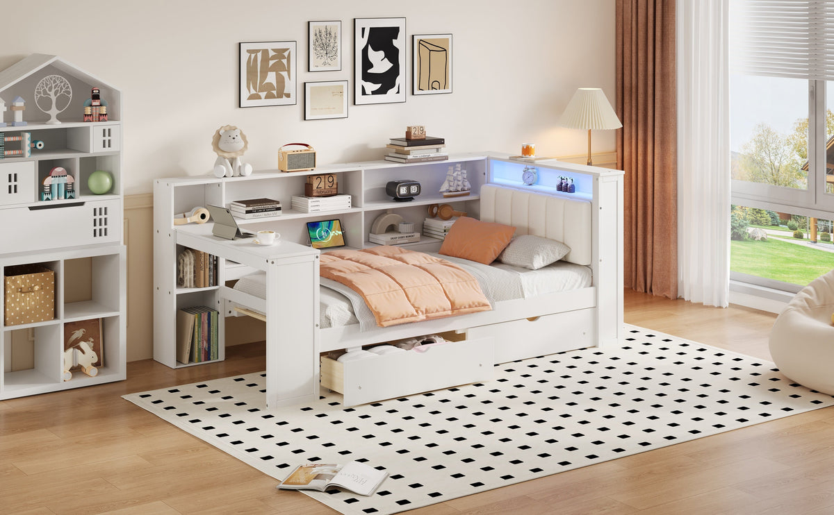 Wood Twin Size Platform Bed with Storage Shelves, Drawers, and LED