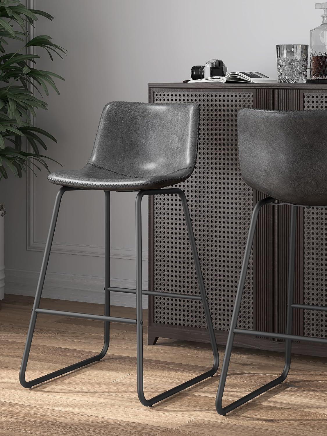 Gray Faux Leather Bar Stools Set Of 3 26 Inch Counter