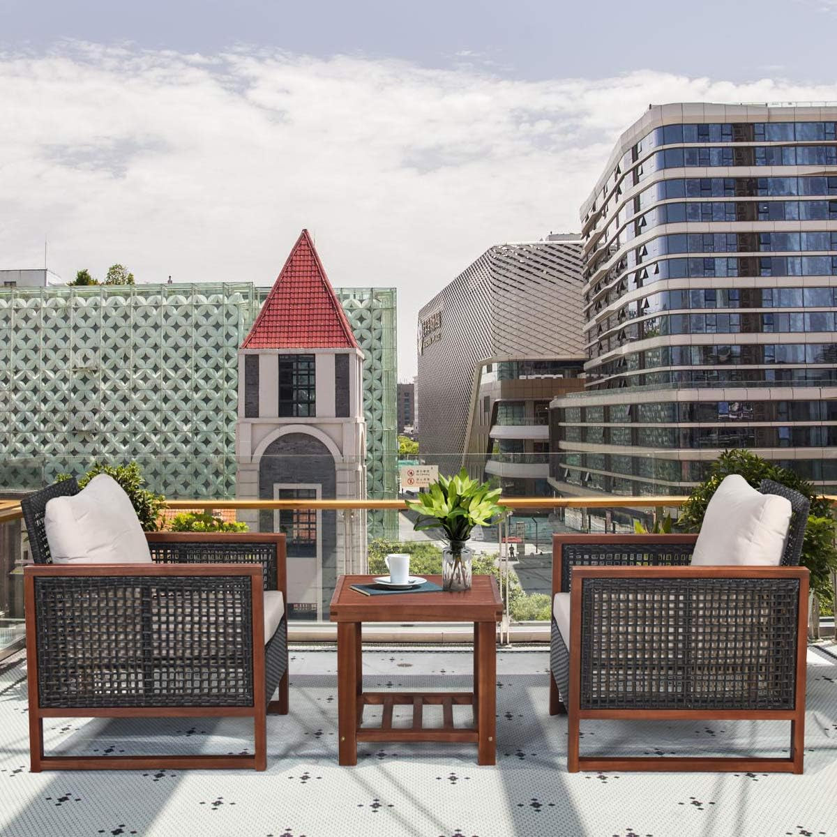 3 Piece Patio Wicker Furniture Set With Beige Washable Cushions And Acacia Wood Coffee Table