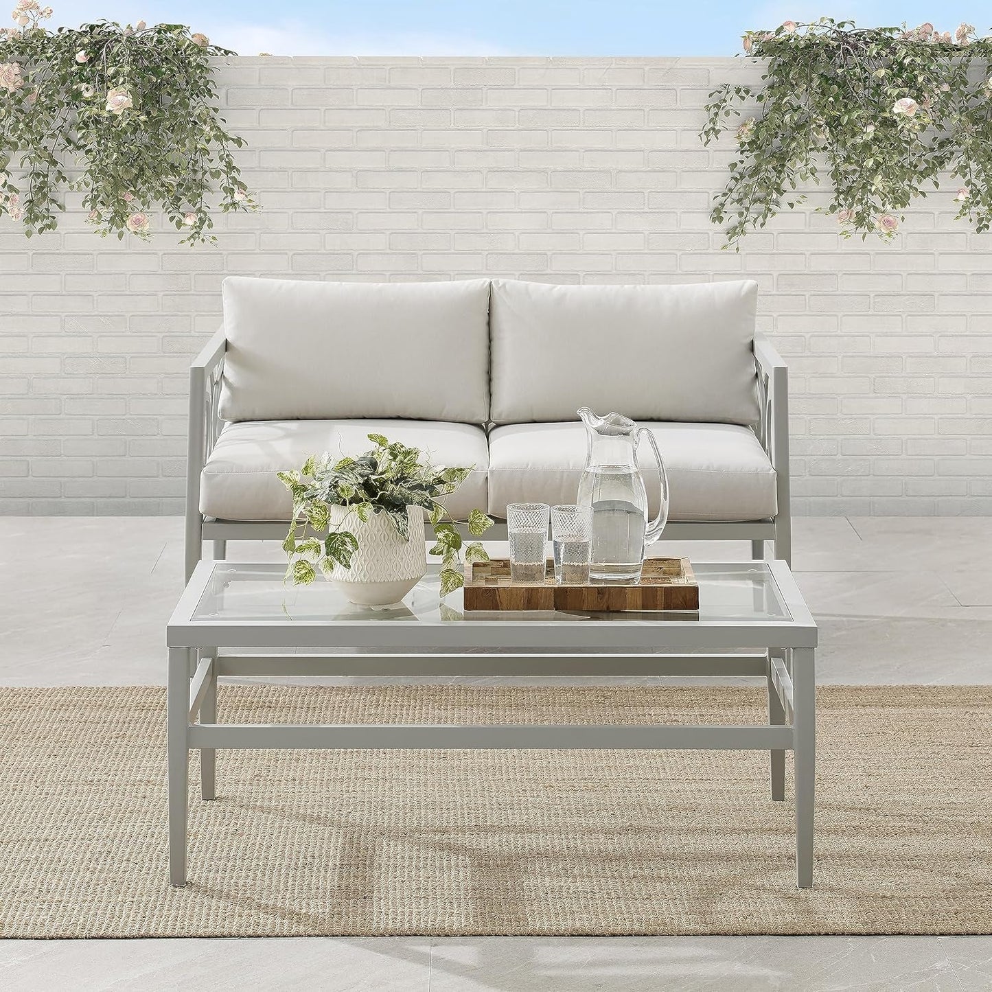 2 Piece Outdoor Coffee Table And Loveseat Set Gray Frame Creme Cushions