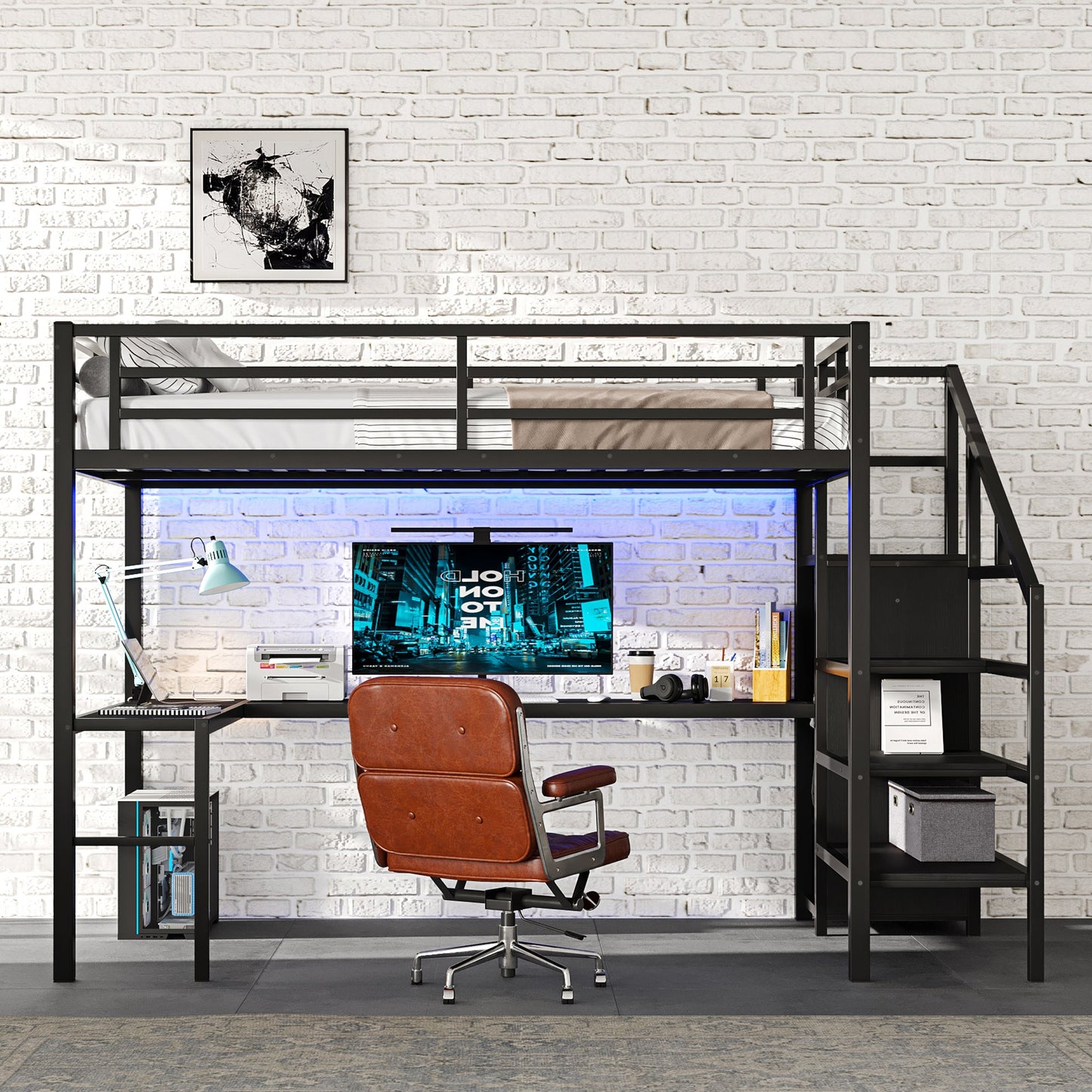 Full Size Loft Bed with L-shaped Desk and USB, Metal Loft Bed with Wardrobe and Adjustable Shelf, High Loft Bed with LED for Kids Teens Adults, Black