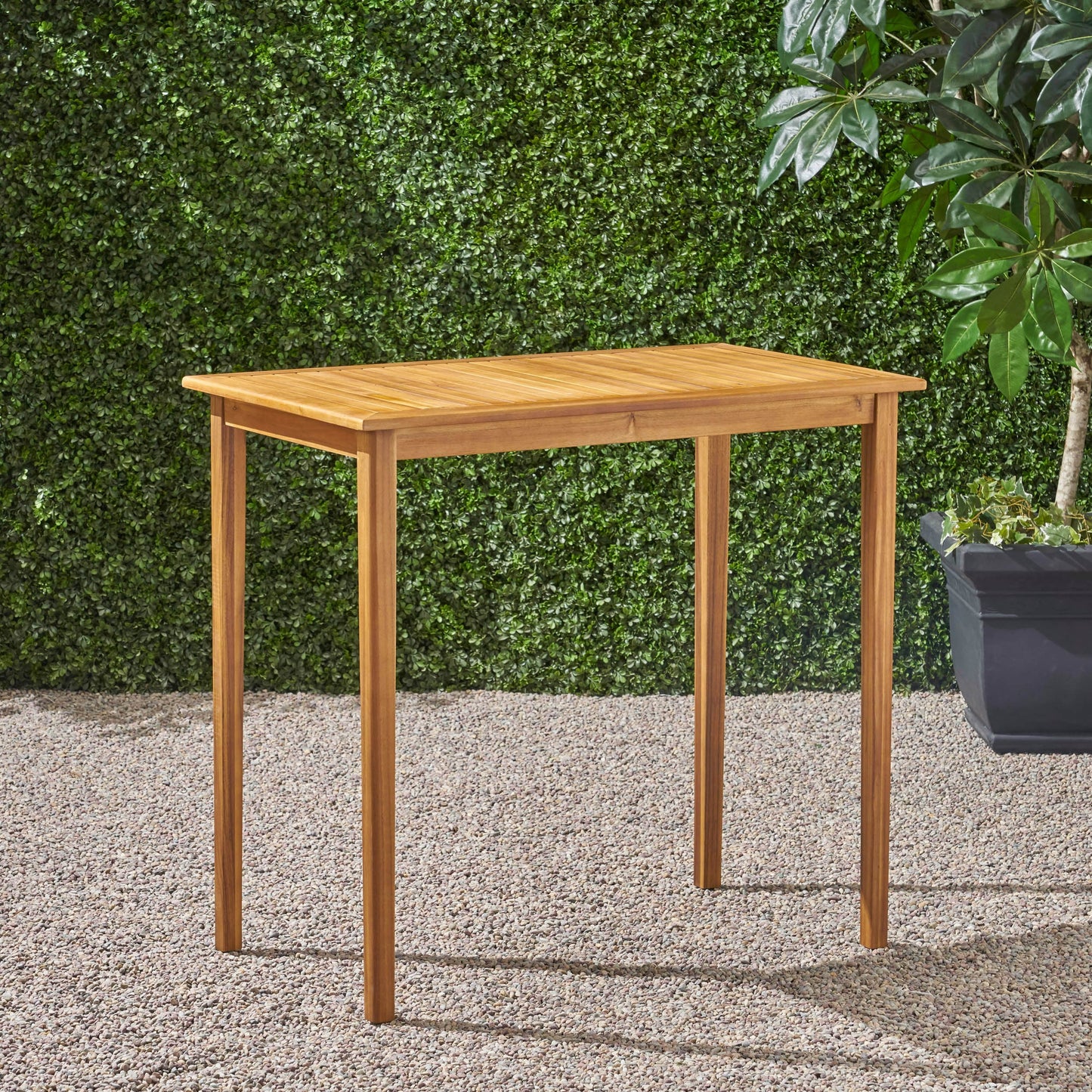 Outdoor Minimalist Acacia Wood Rectangle Bar Table - Teak Finish, Durable Hardwood, 44 x 25 x 40 inches
