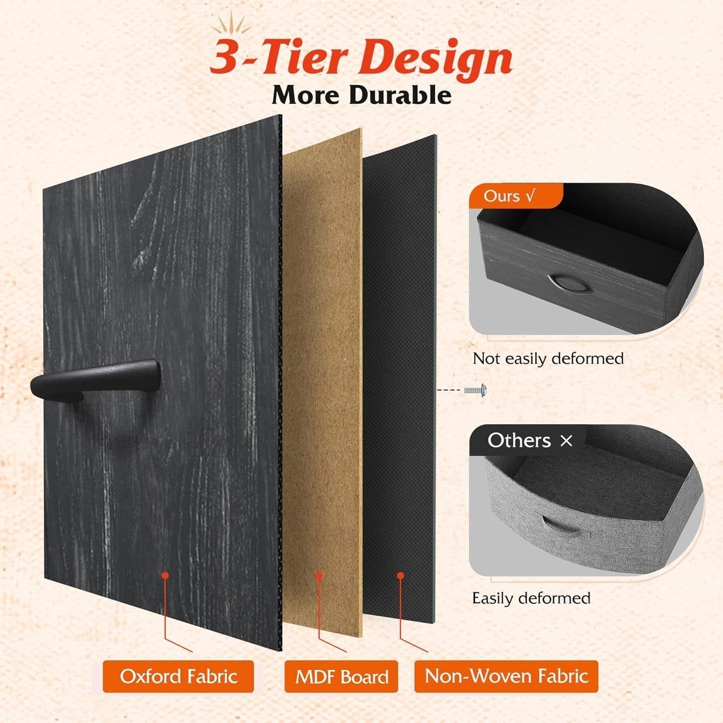 3-Tier Design showcasing durable Oxford Fabric, MDF Board, and Non-Woven Fabric for TV Stand For 45 Inch TV With Durable Fabric Drawers.