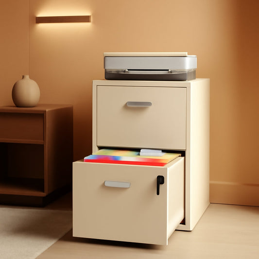 Cream Metal 2 Drawer Locking File Cabinet For Hanging Files A4 And Letter Documents