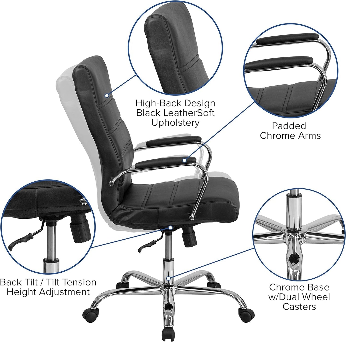 Whitney High Back Leathersoft Desk Chair Adjustable Height Swivel Black Chrome