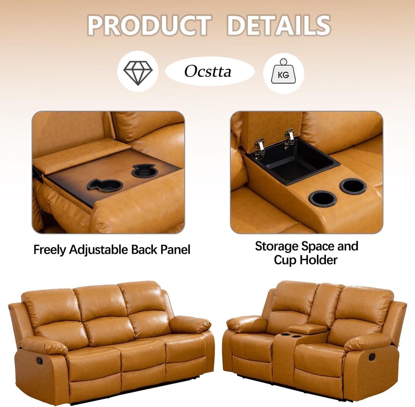 Leather Manual Recliner Sofa Set Ginger 3Piece Living Room