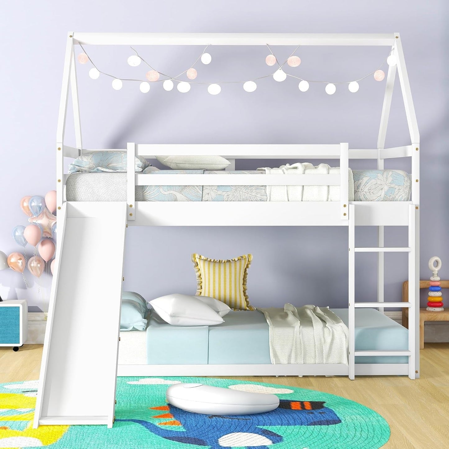 Twin Over Twin House Bunk Bed With Slide Solid Wood