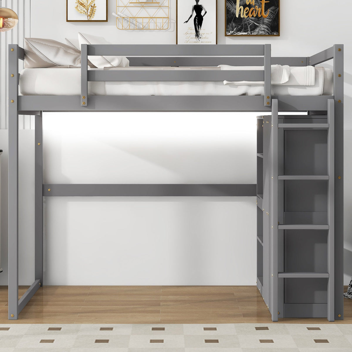 Wood Full Size Loft Bed With Built-in Wardrobe and Storage Shelves