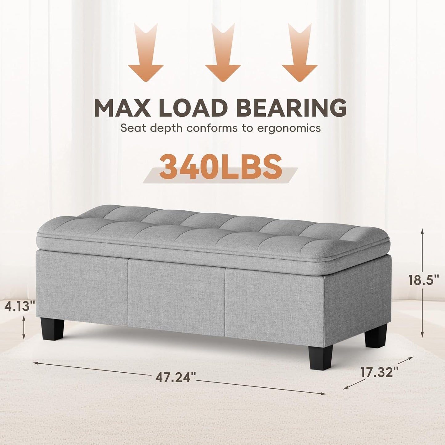 Forty Seven Inch Storage Ottoman Bench Linen Gray Fabric