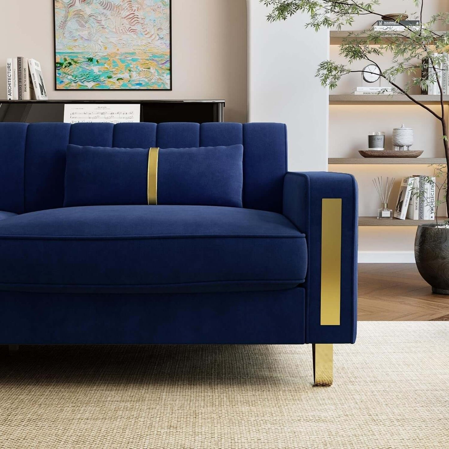 2 Piece Velvet Loveseat Sofa Set featuring blue velvet upholstery and gold metal legs with plush pillows.