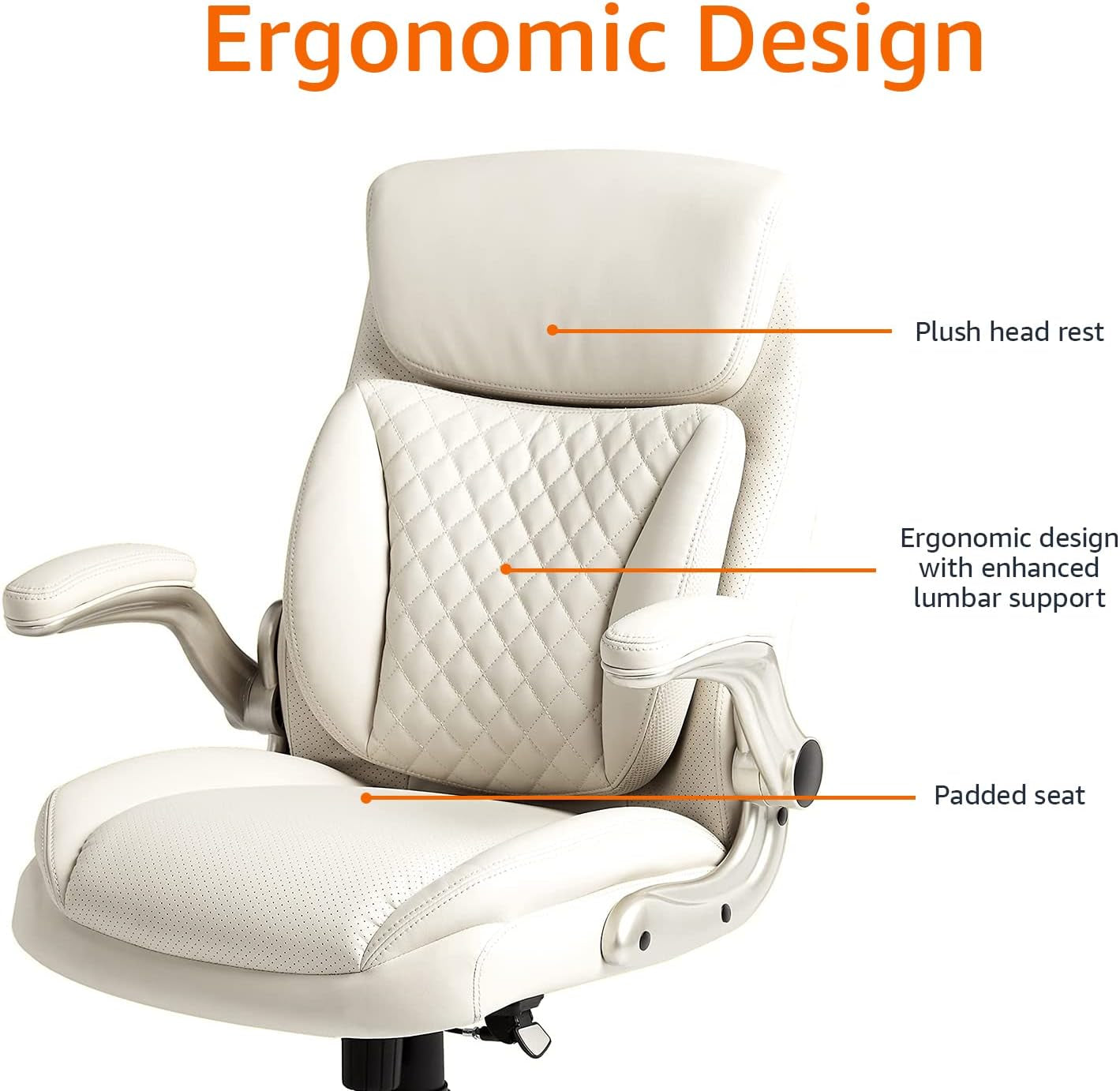 Cream Leather Ergonomic Office Chair With Flip Up Armrests