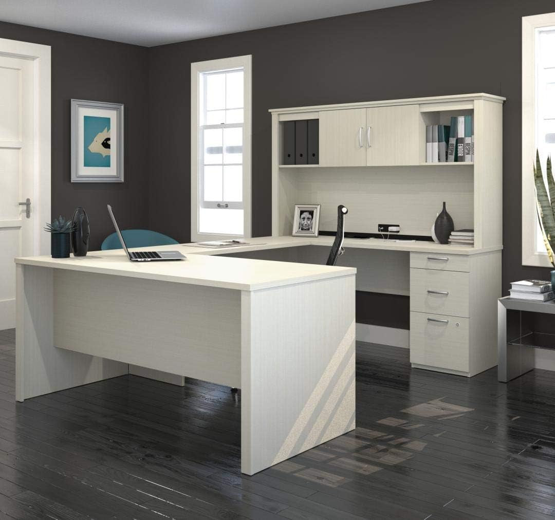 66W White Chocolate L Shaped Executive Desk With Hutch