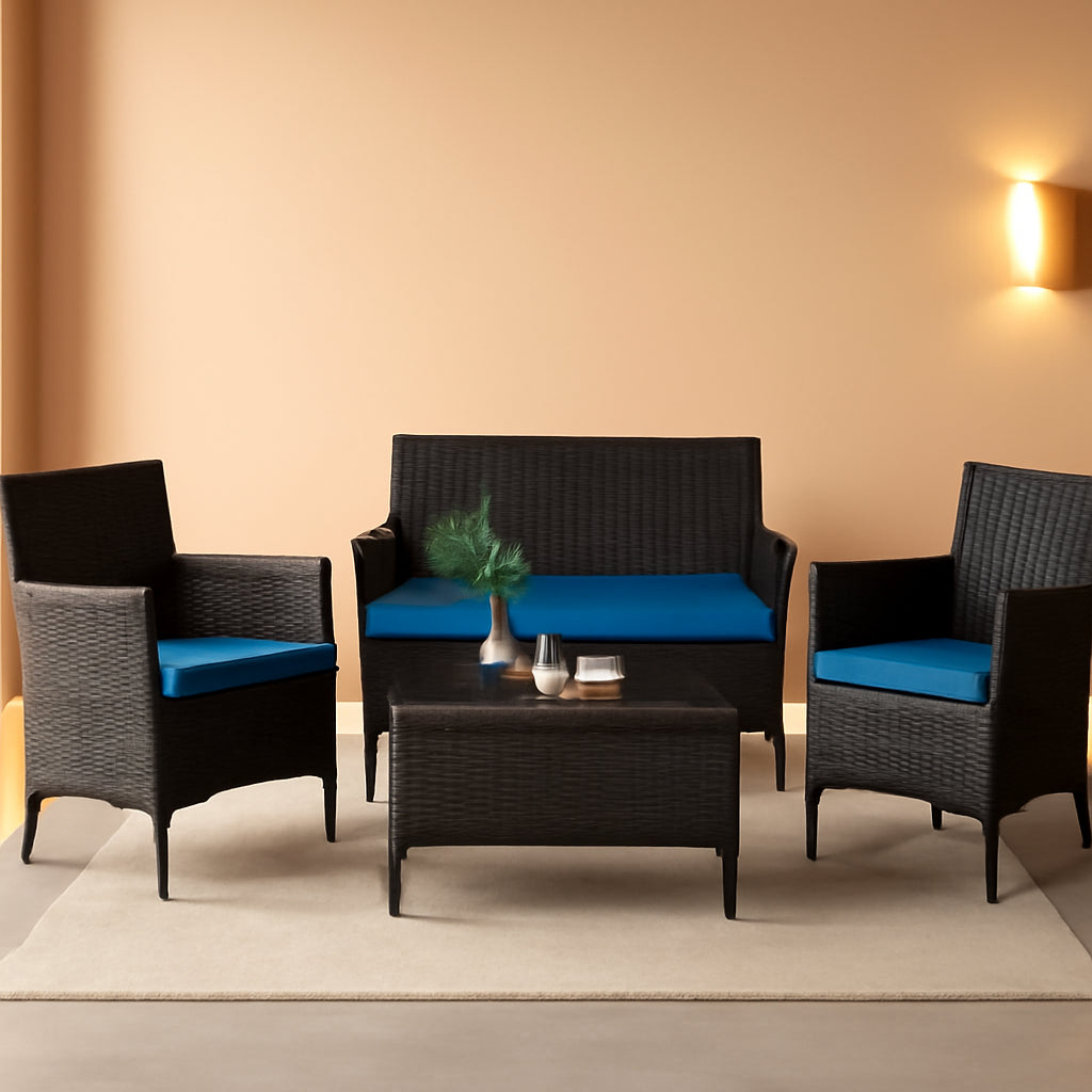 Peacock Blue 4 Piece Rattan Patio Furniture Set With Sectional Sofa