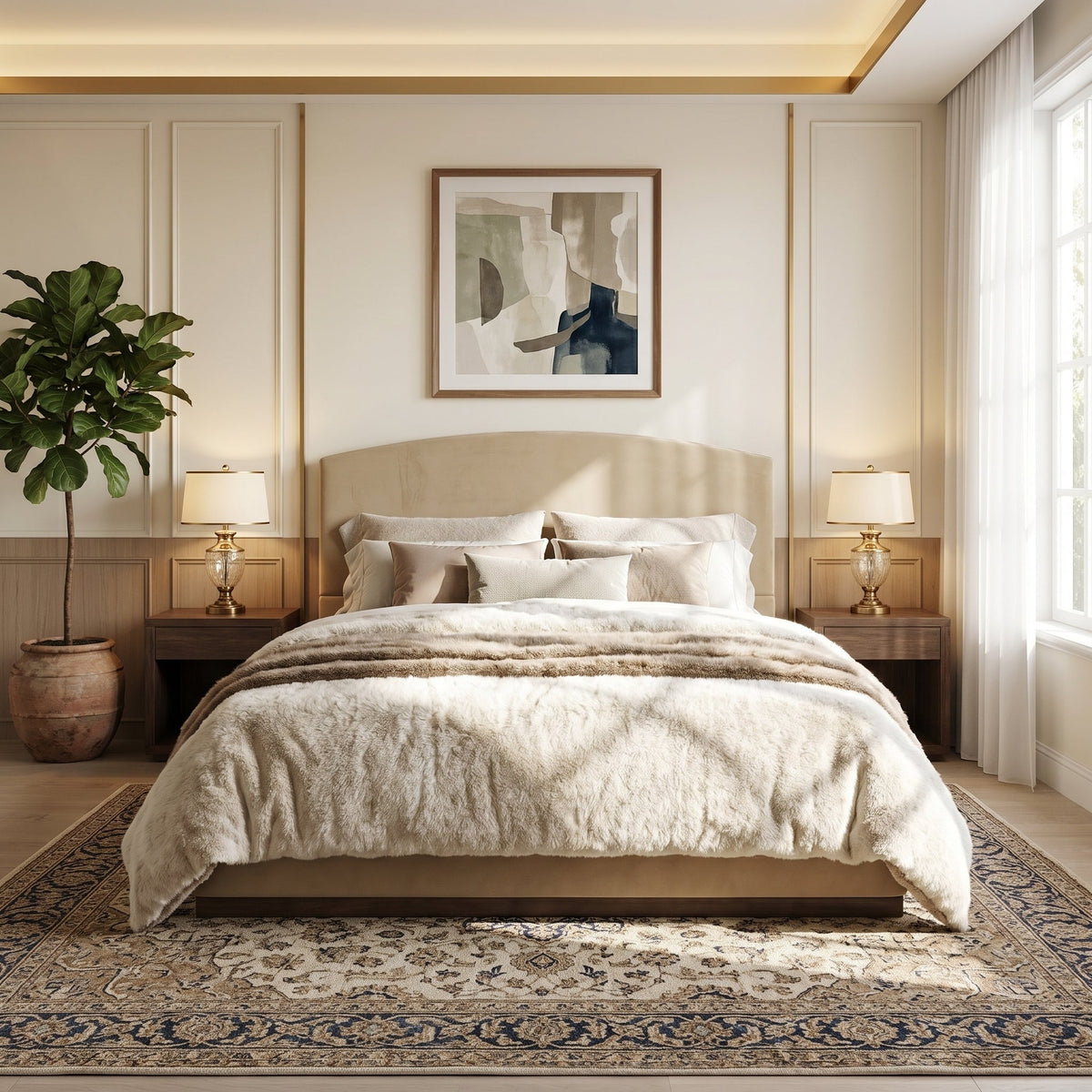 Queen Size Upholstered Bed Frame With Velvet Fabric