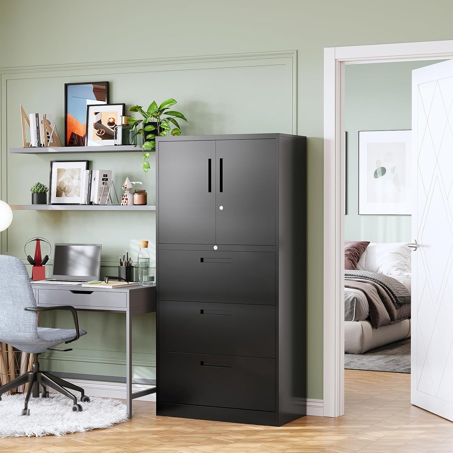 Three Drawer Metal File Cabinet Locking With Storage Shelves Black For Legal Letter A4 Documents