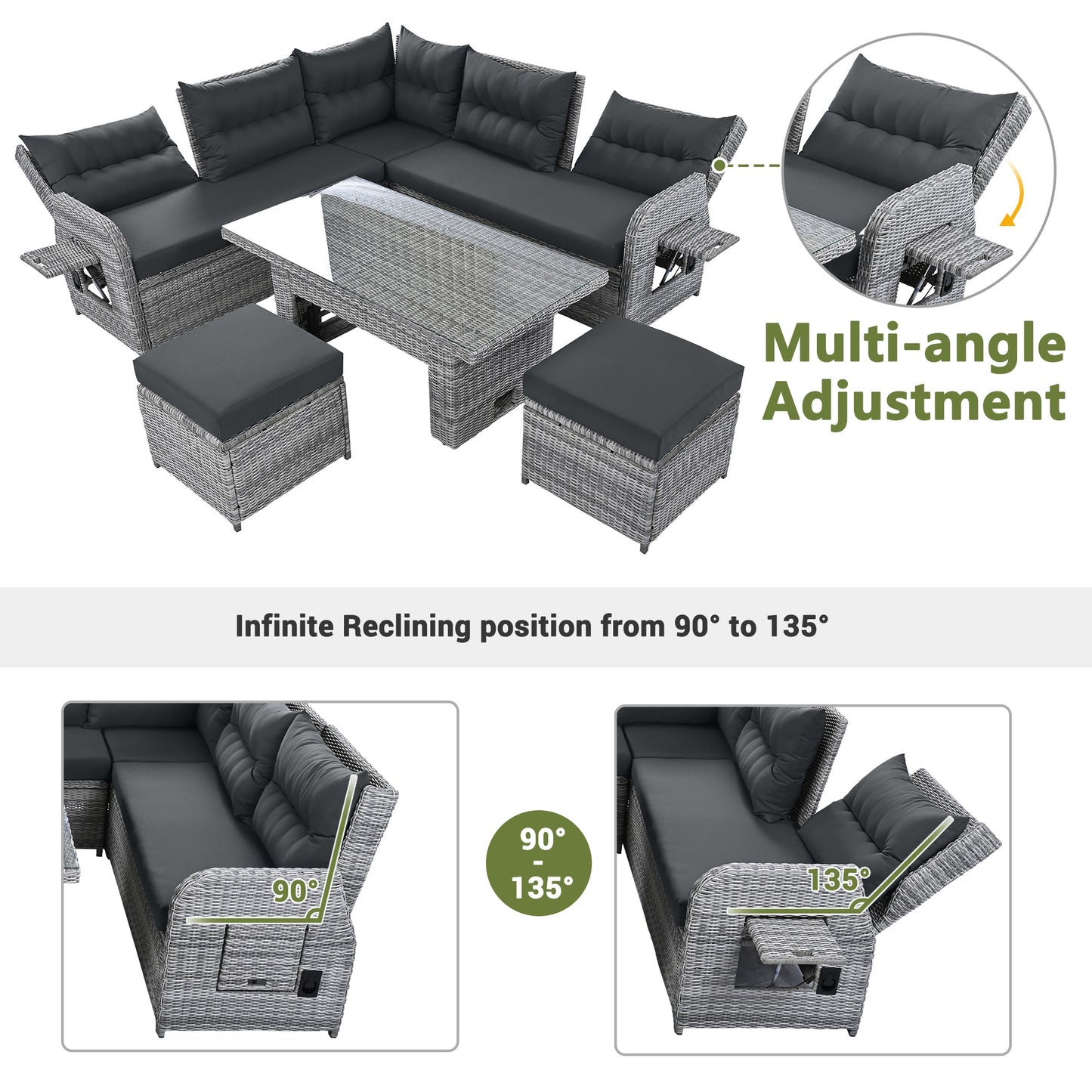 Outdoor Furniture Set Patio Rattan with Recliners and Tables