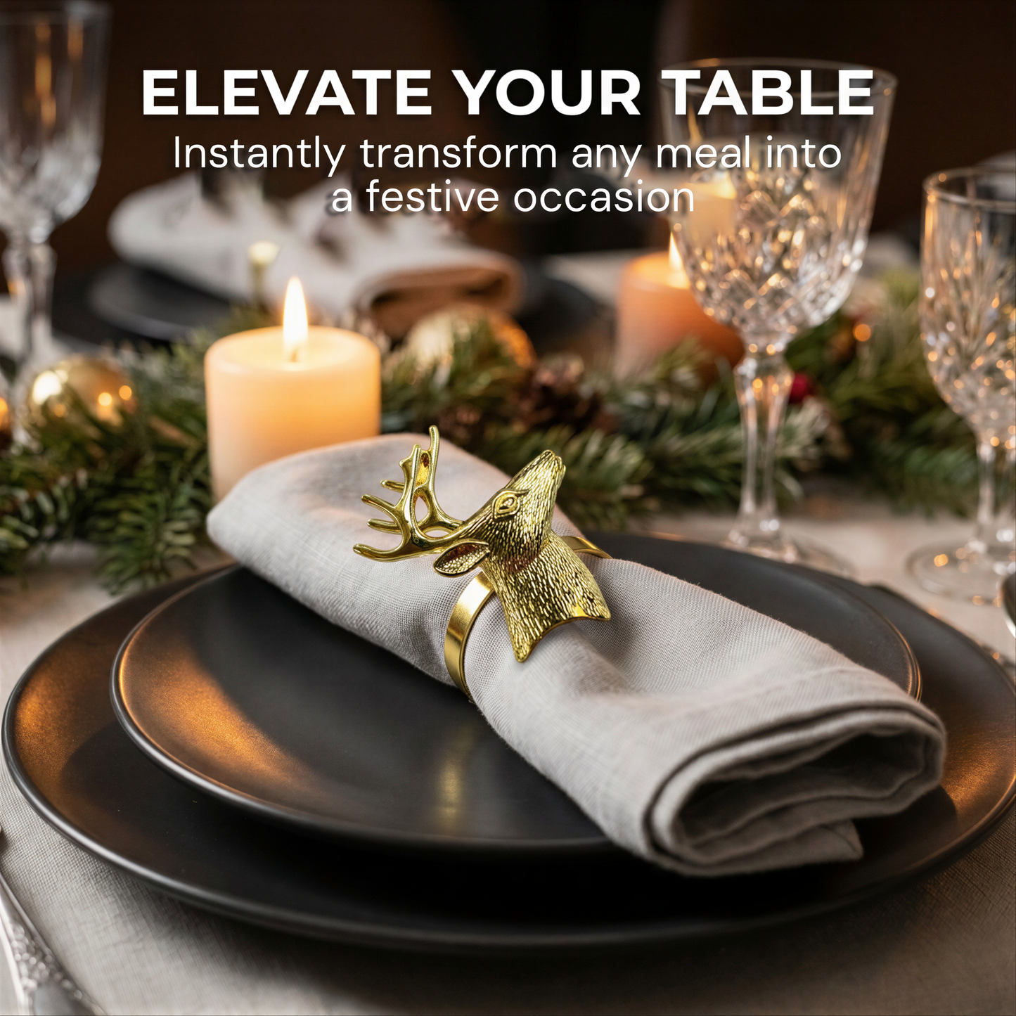 Gold Reindeer Napkin Rings – Festive Napkin Holders | Rust Resistant Table Decor Accessories