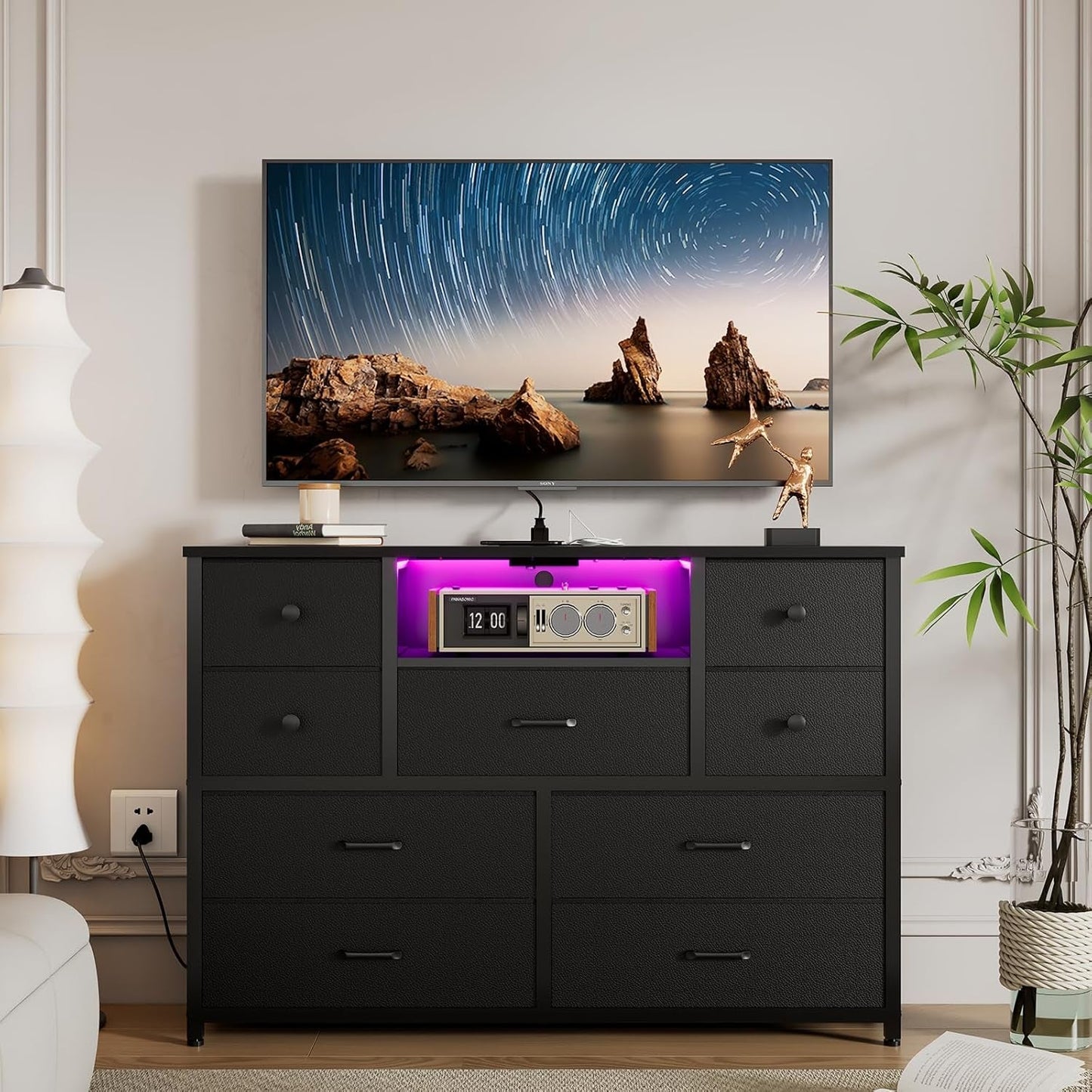 Charcoal Nine Drawer Wardrobe TV Stand With LED Lighting