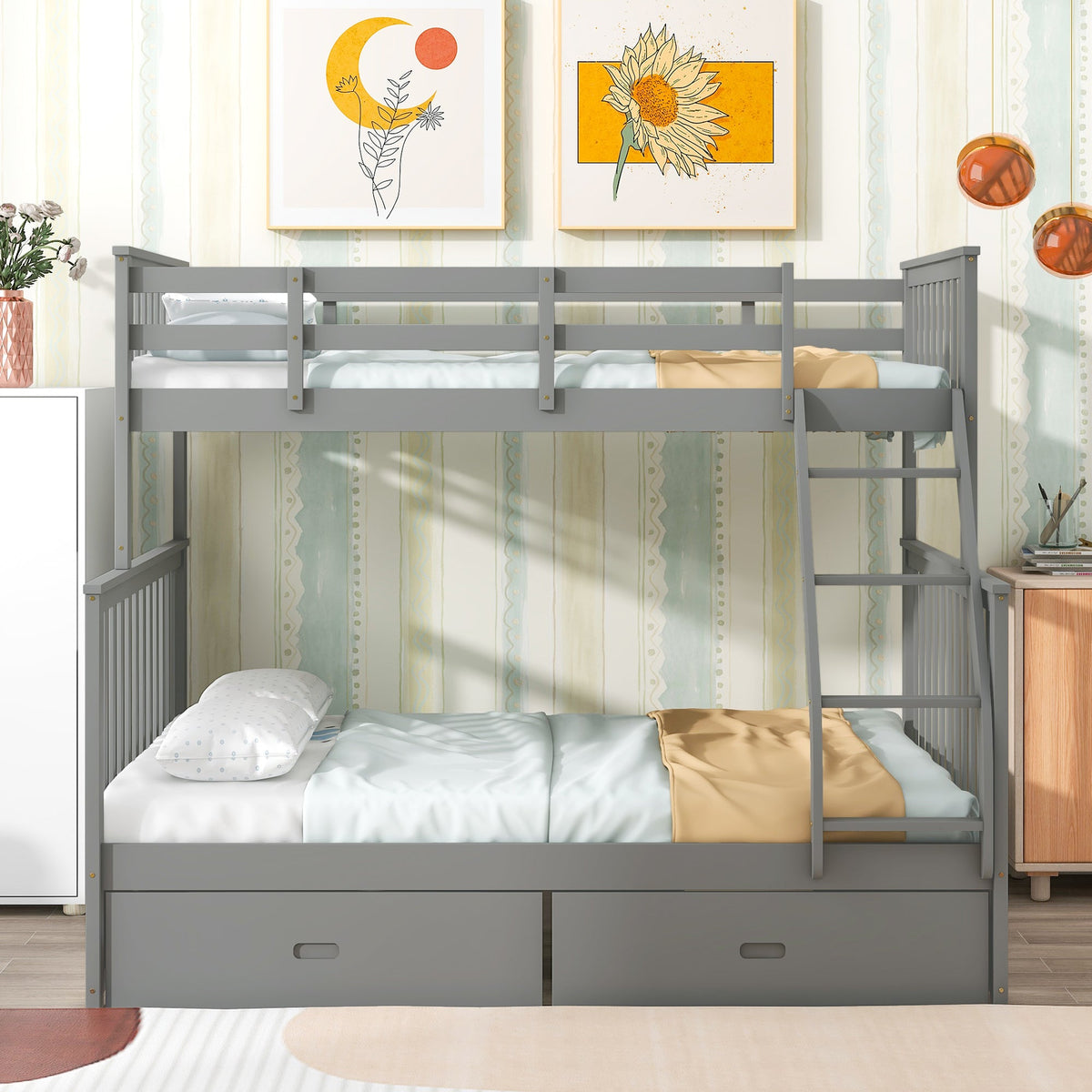 Twin Over Full Bunk Bed with Storage Drawers – Gray