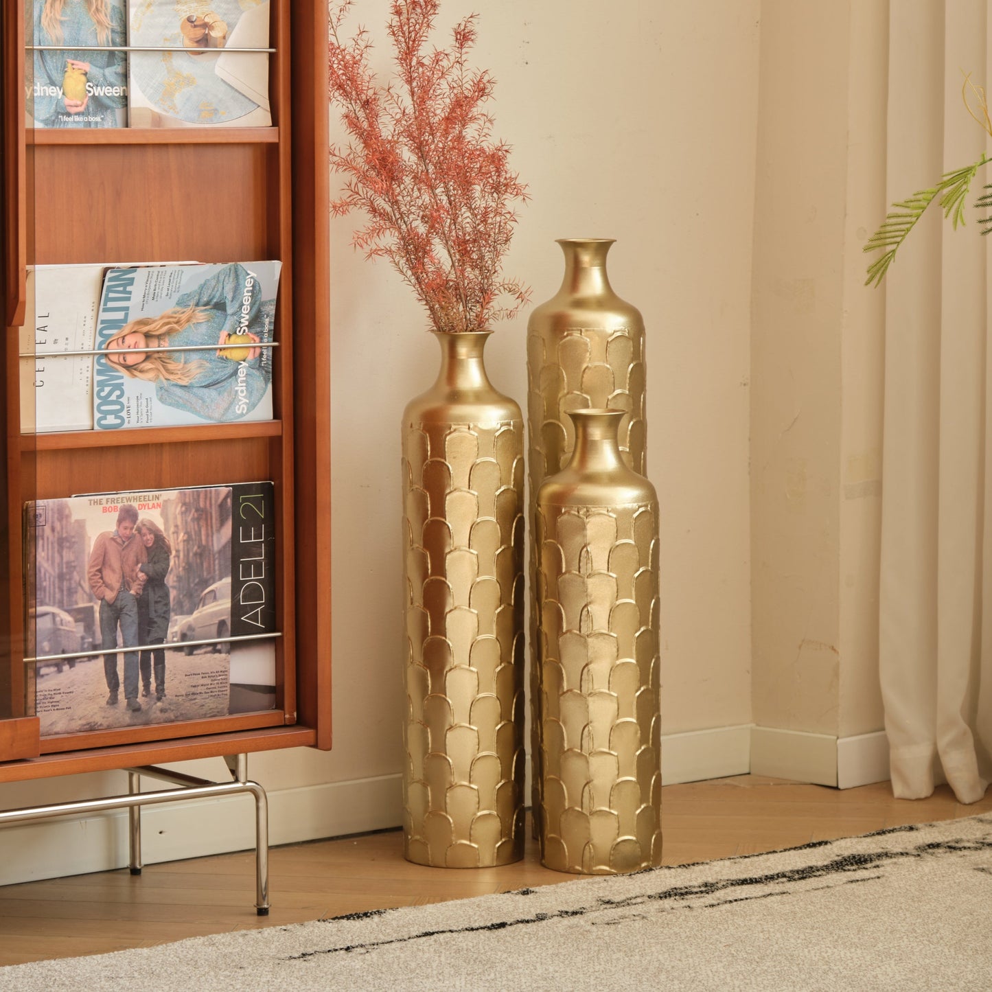 Floor Metal Vases Decorated White Metal Vases Set of 3 Gorgeous Home Decoration Large Glazed Metal Vases 25.2in/29.33in/34.25in Height