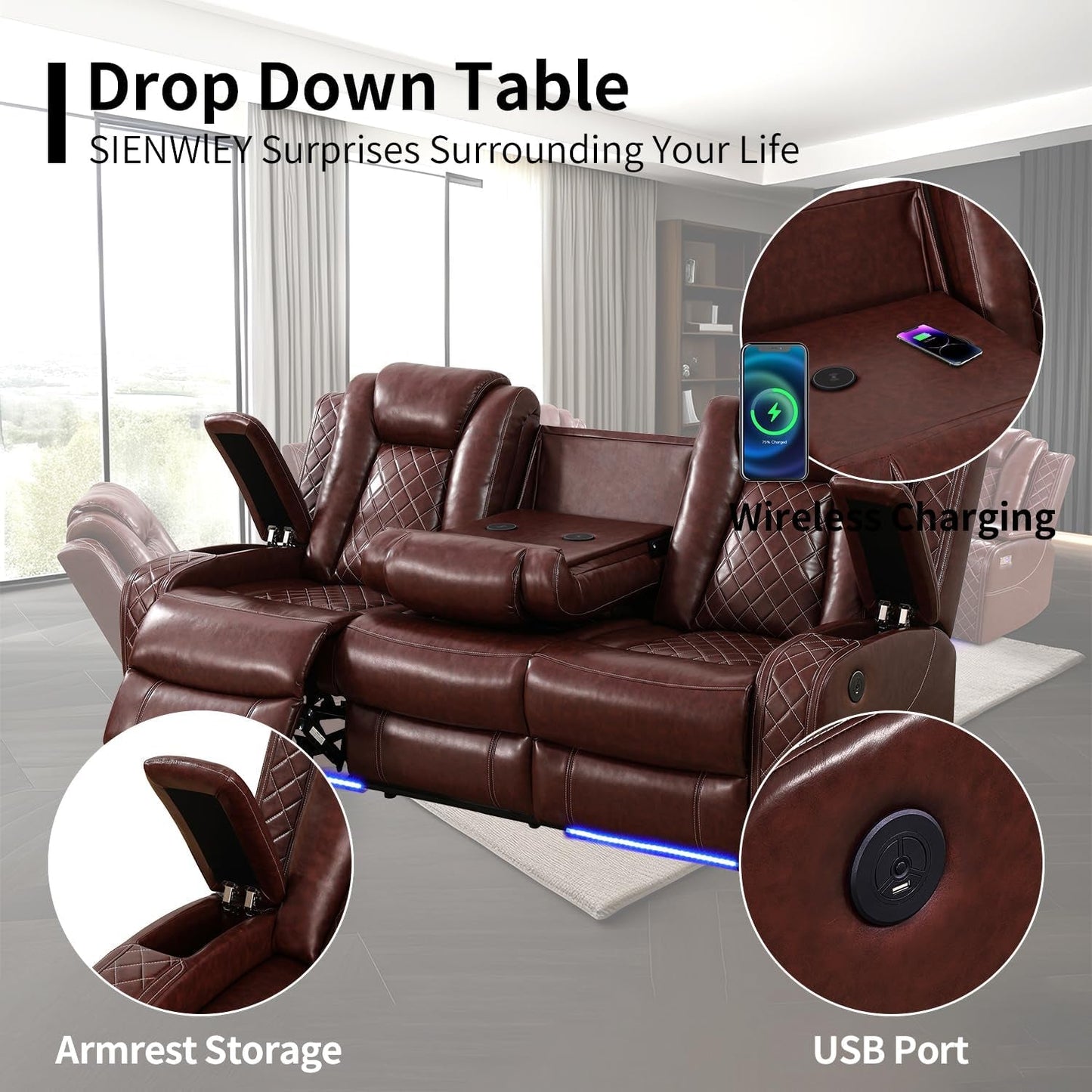 Power Reclining Brown Leather Sofa Set For Living Room