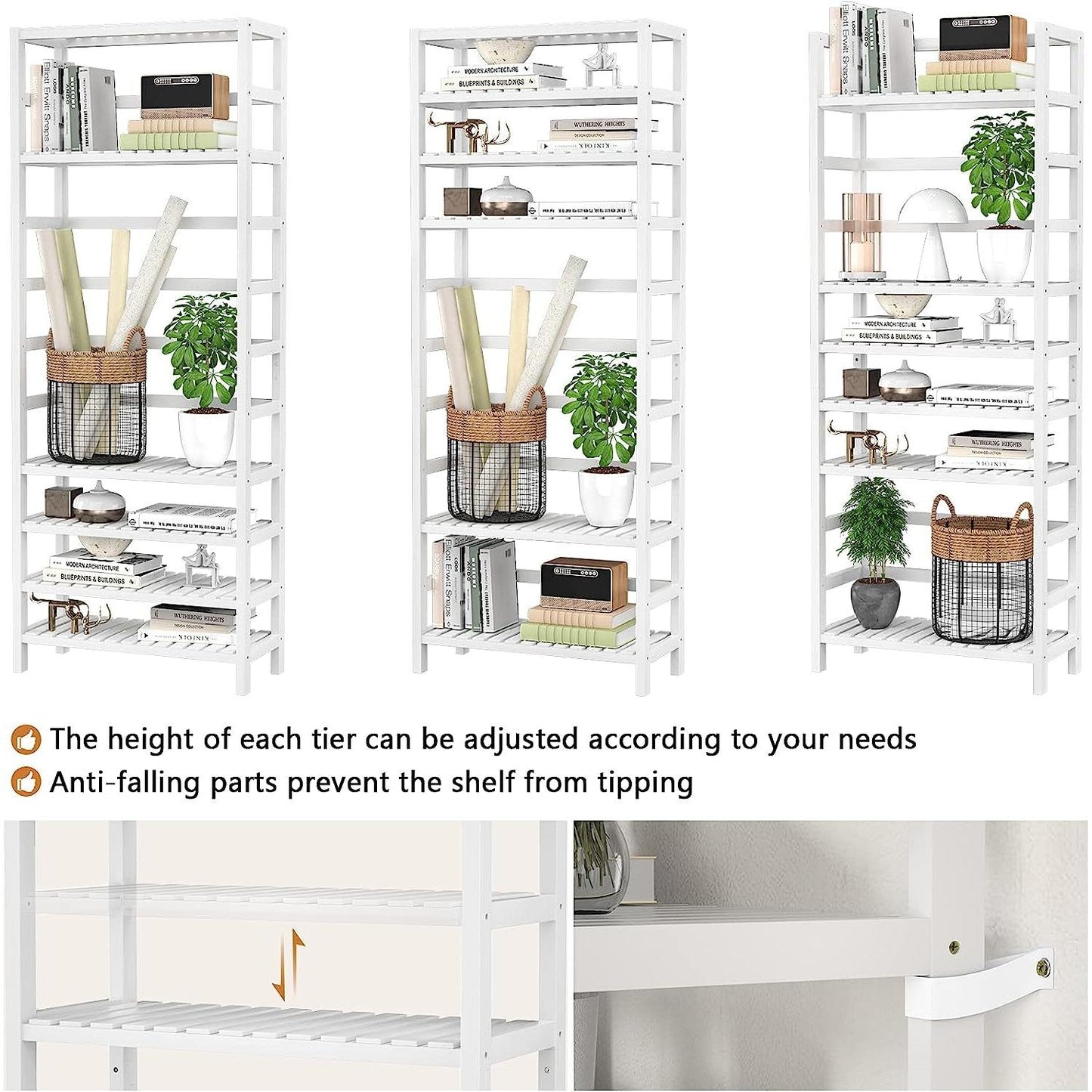 Adjustable 6 Tier Bamboo Bookshelf For Living Room Office Storage