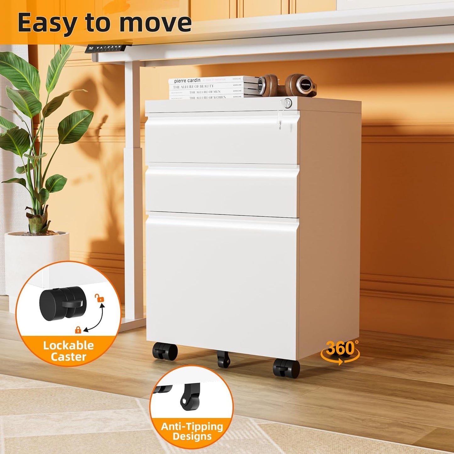 Locking 3-Drawer Rolling File Cabinet For Home Office