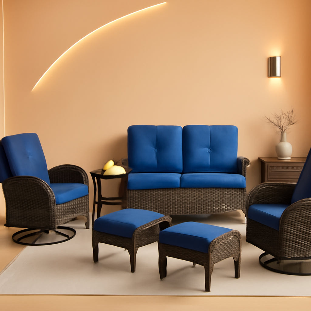 6 Piece Patio Conversation Set Brown Wicker Blue Cushions