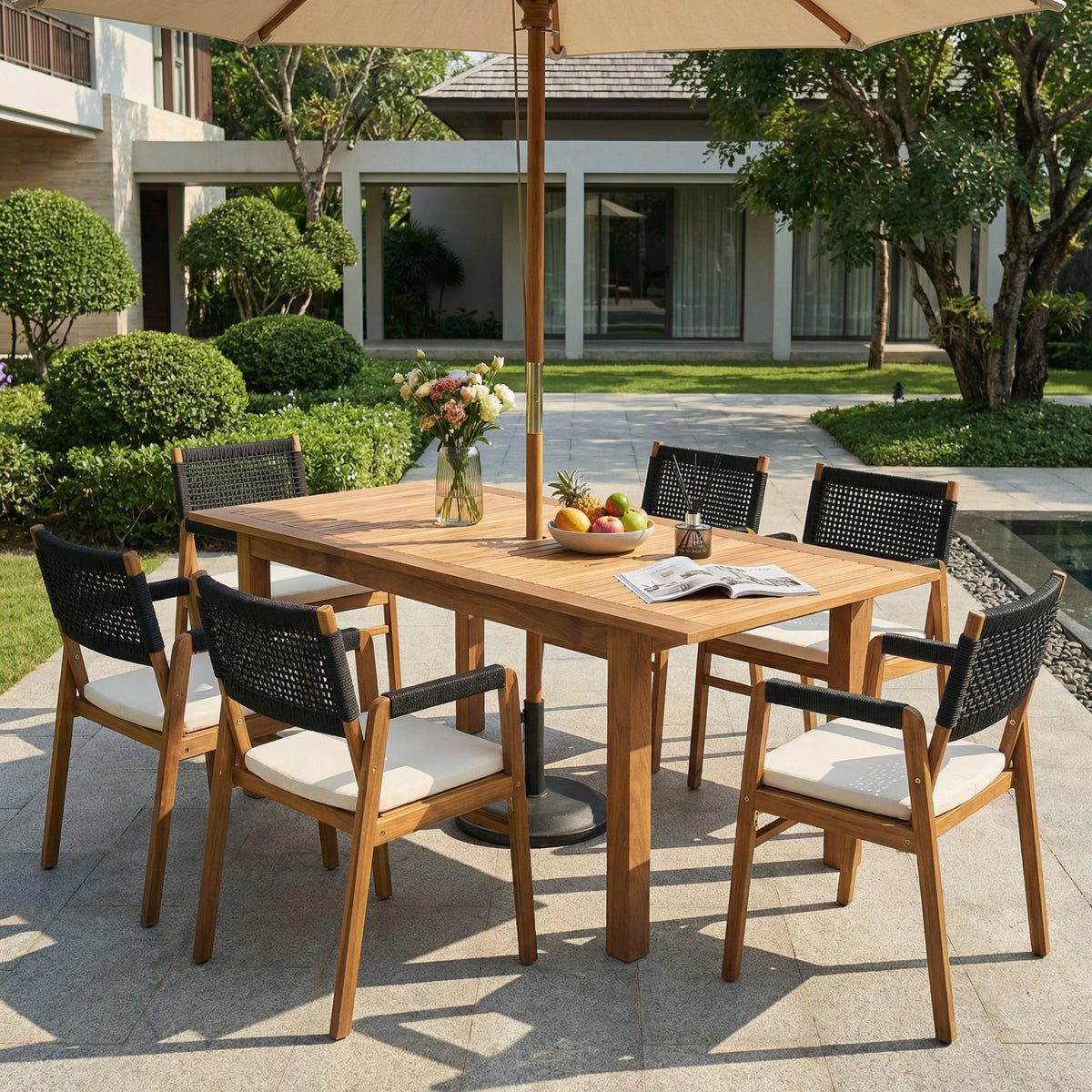 Outdoor 7 Pieces Rustic Patio Acacia Expandable Dining Set
