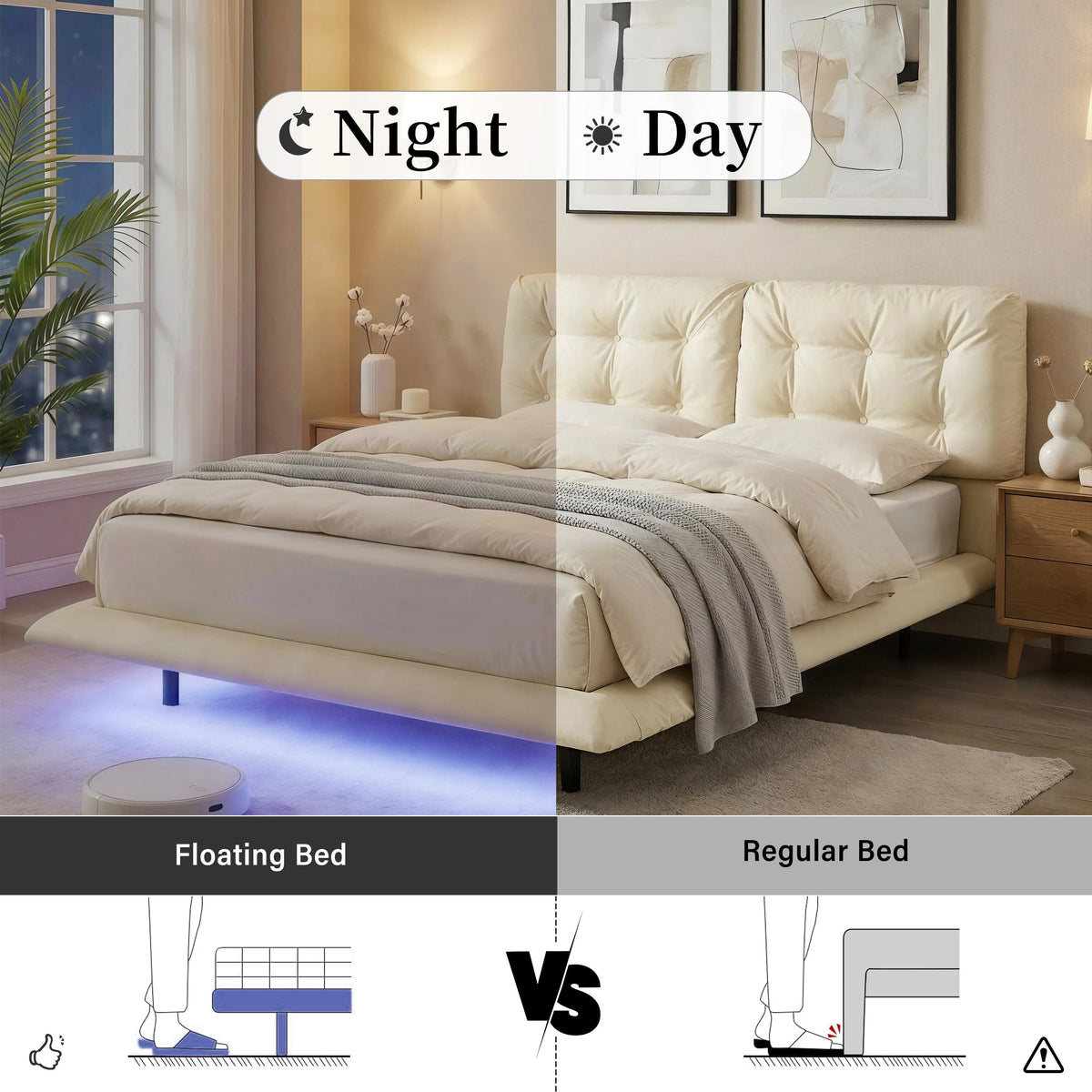 Queen Size Upholstered Floating Bed Frame with LED Lights