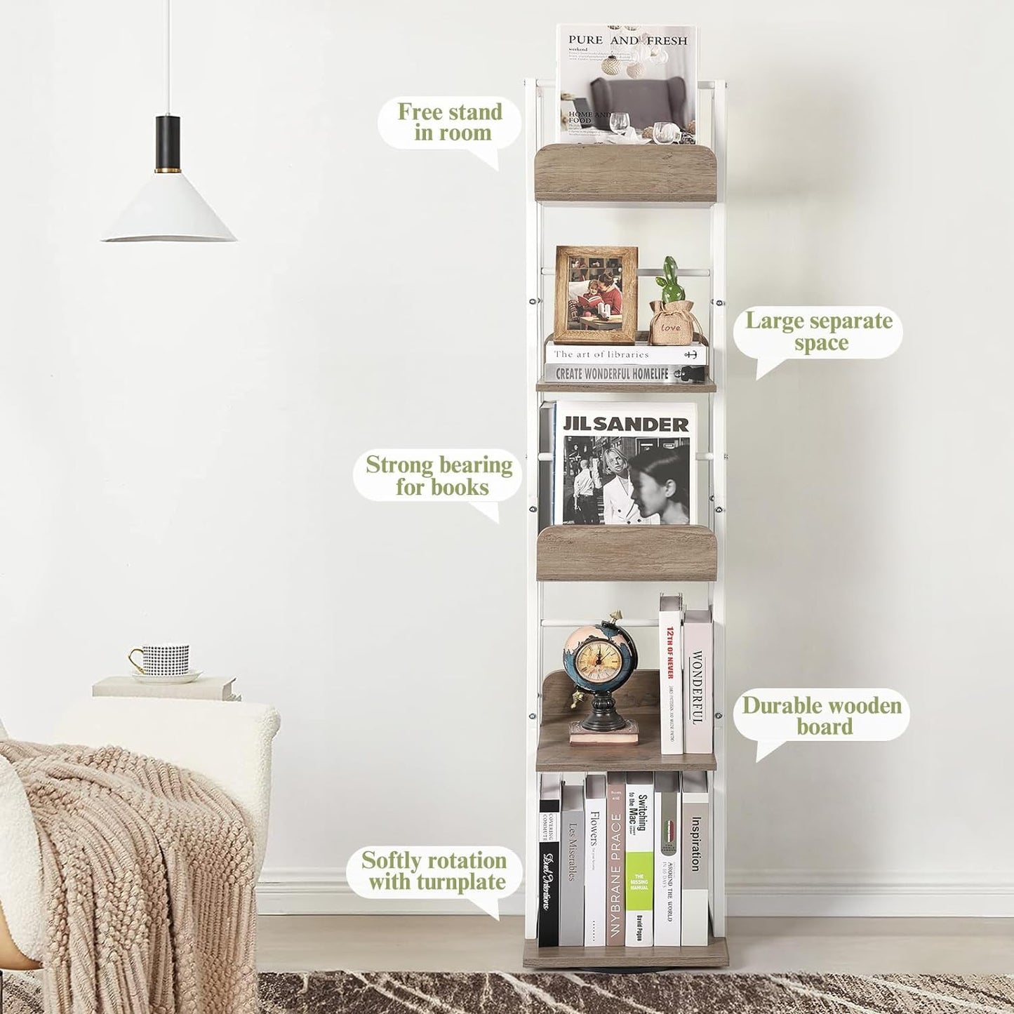 5-Tier Rotating Corner Bookshelf White Wood And Metal Slim