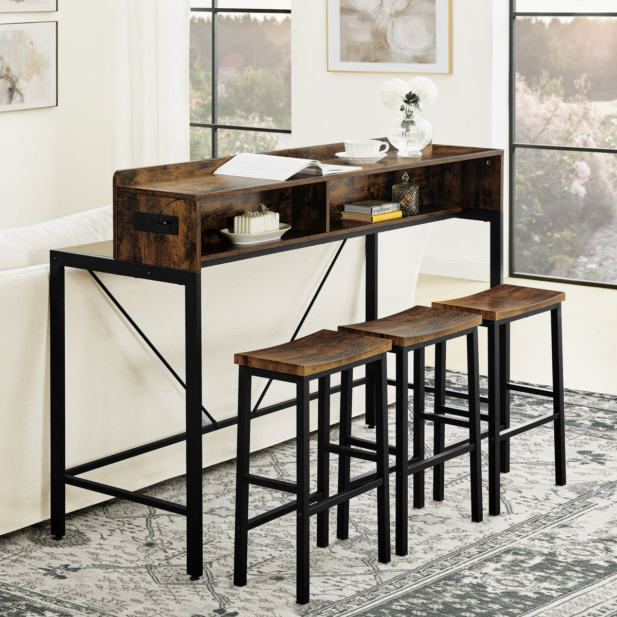 59 Inch Bar Table with Power Socket and LED Light Set