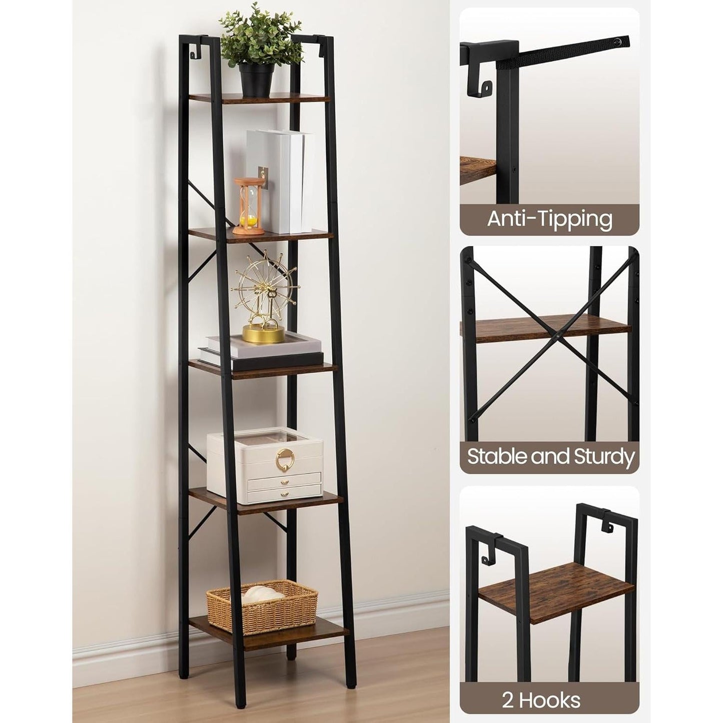 Ladder Shelf Bookcase 5 Tier Rustic Brown Freestanding