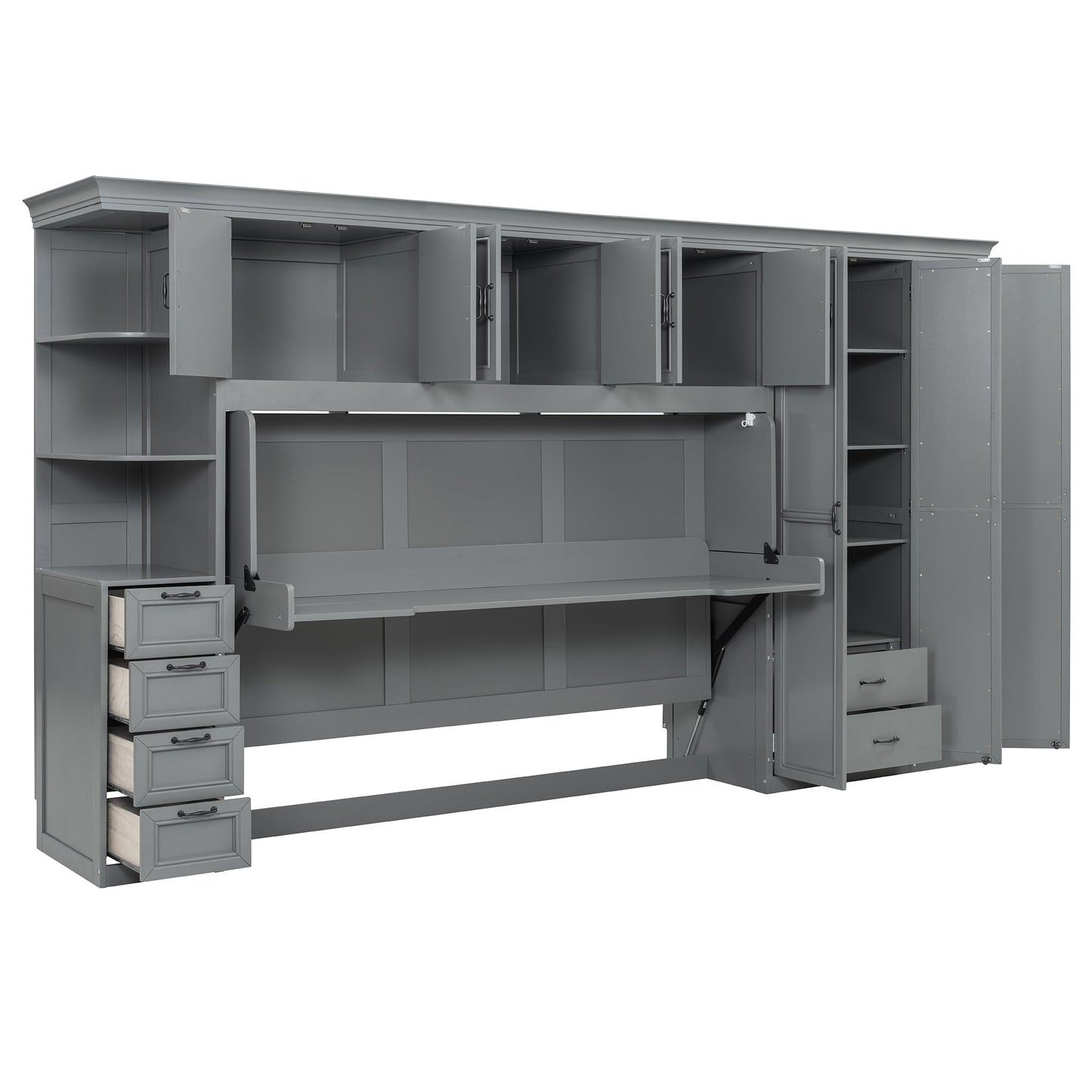 Twin Size Murphy Bed Wall Bed with Wardrobe, Cabinet and Desk, Gray