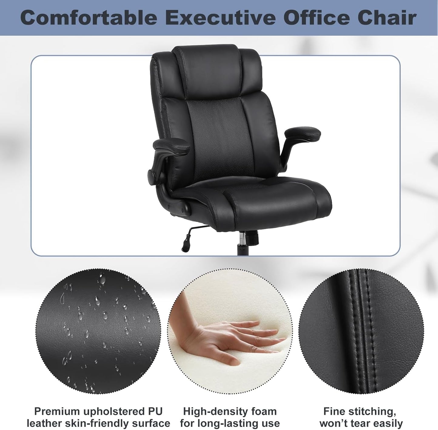Black Leather Office Chair With Flip Up Armrests And Wheels