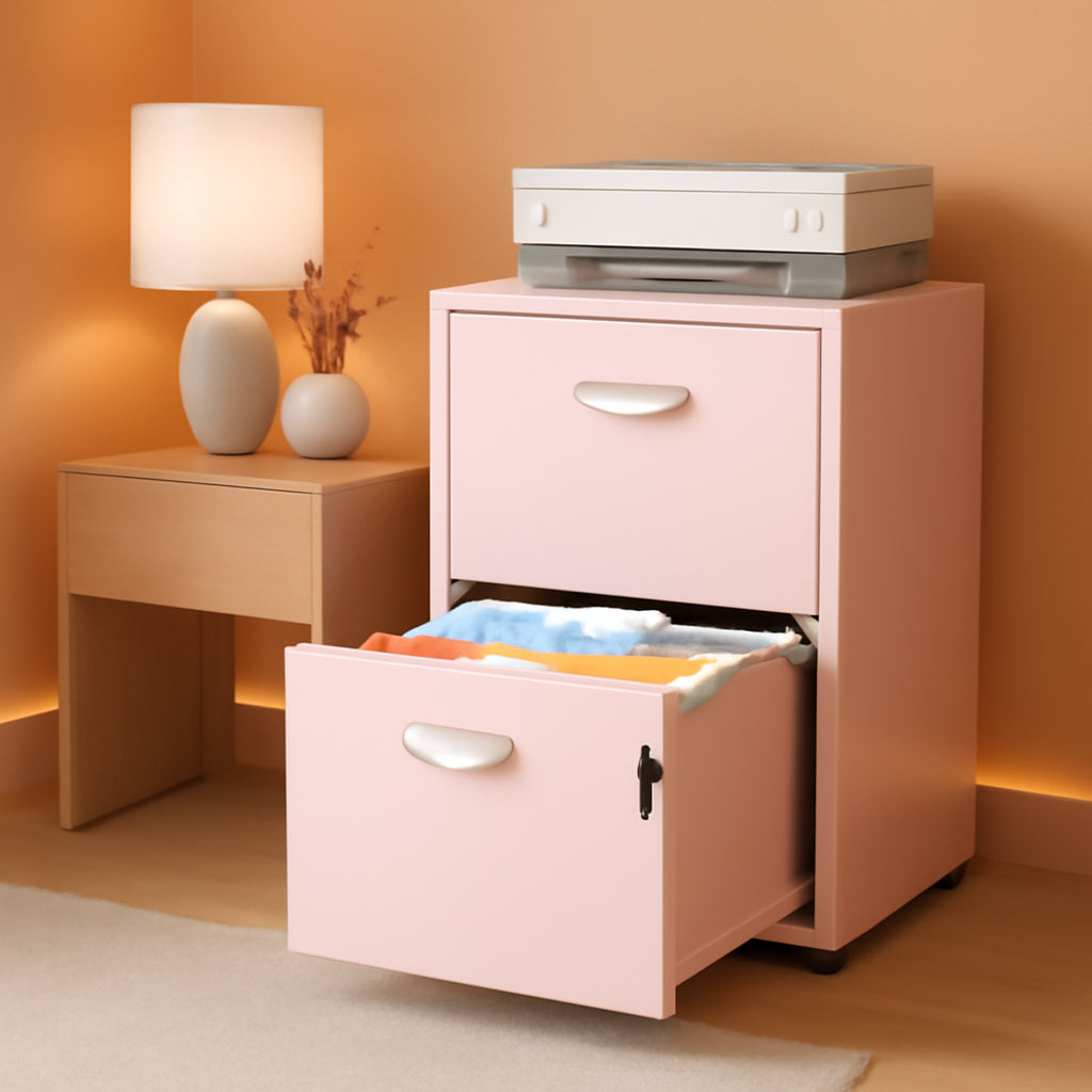 Metal Pink 2 Drawer Locking File Cabinet For Hanging Files Letter A4 Documents Compact